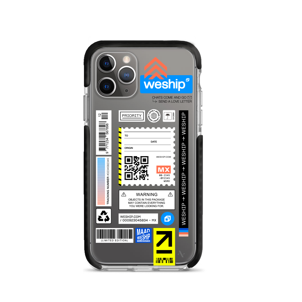 WeShip x MAAD iPhone 11 Pro Clear Case showcasing its slim design and customizable features.