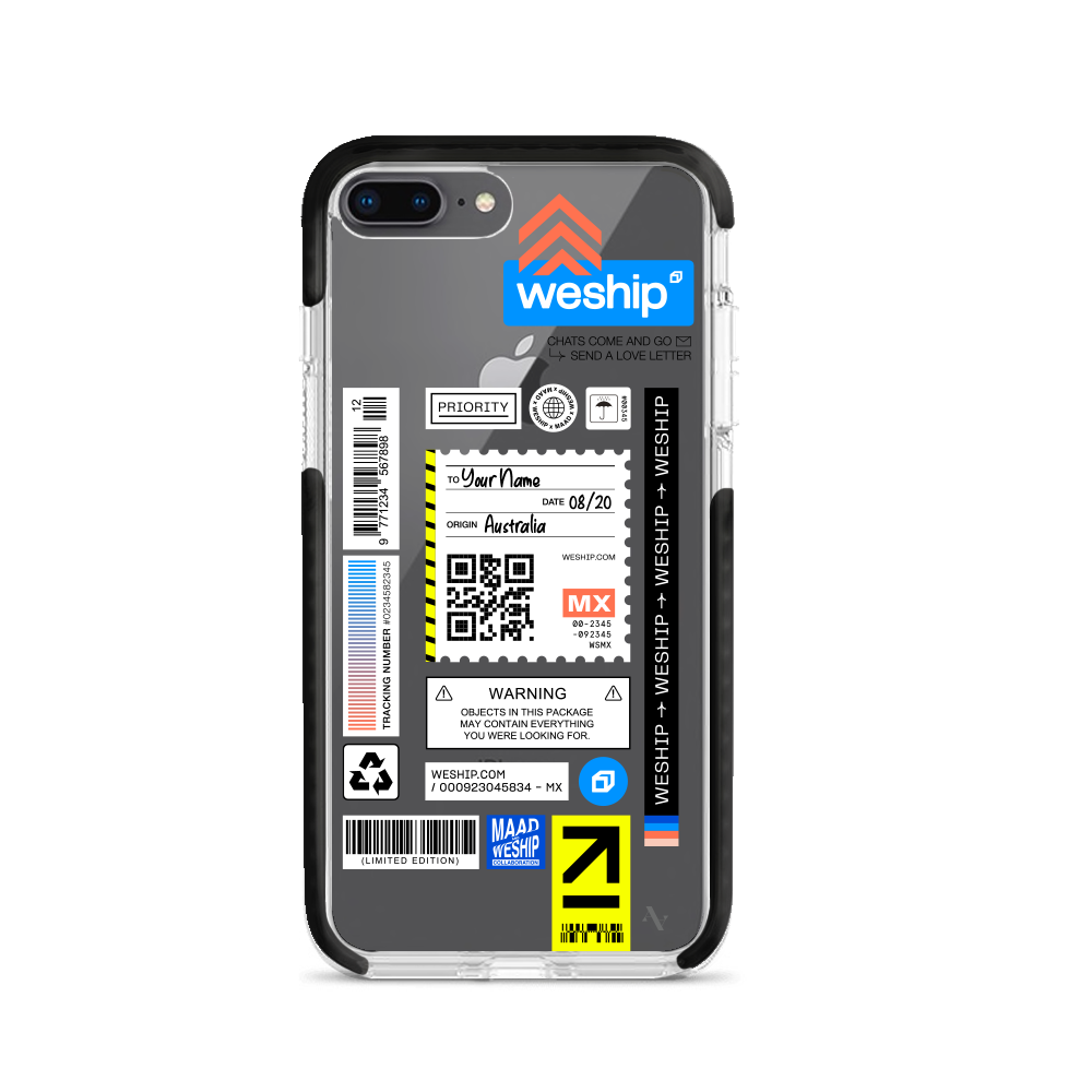 WeShip x MAAD Clear Case for iPhone 7/8 Plus, showcasing a slim and protective design with customizable features.