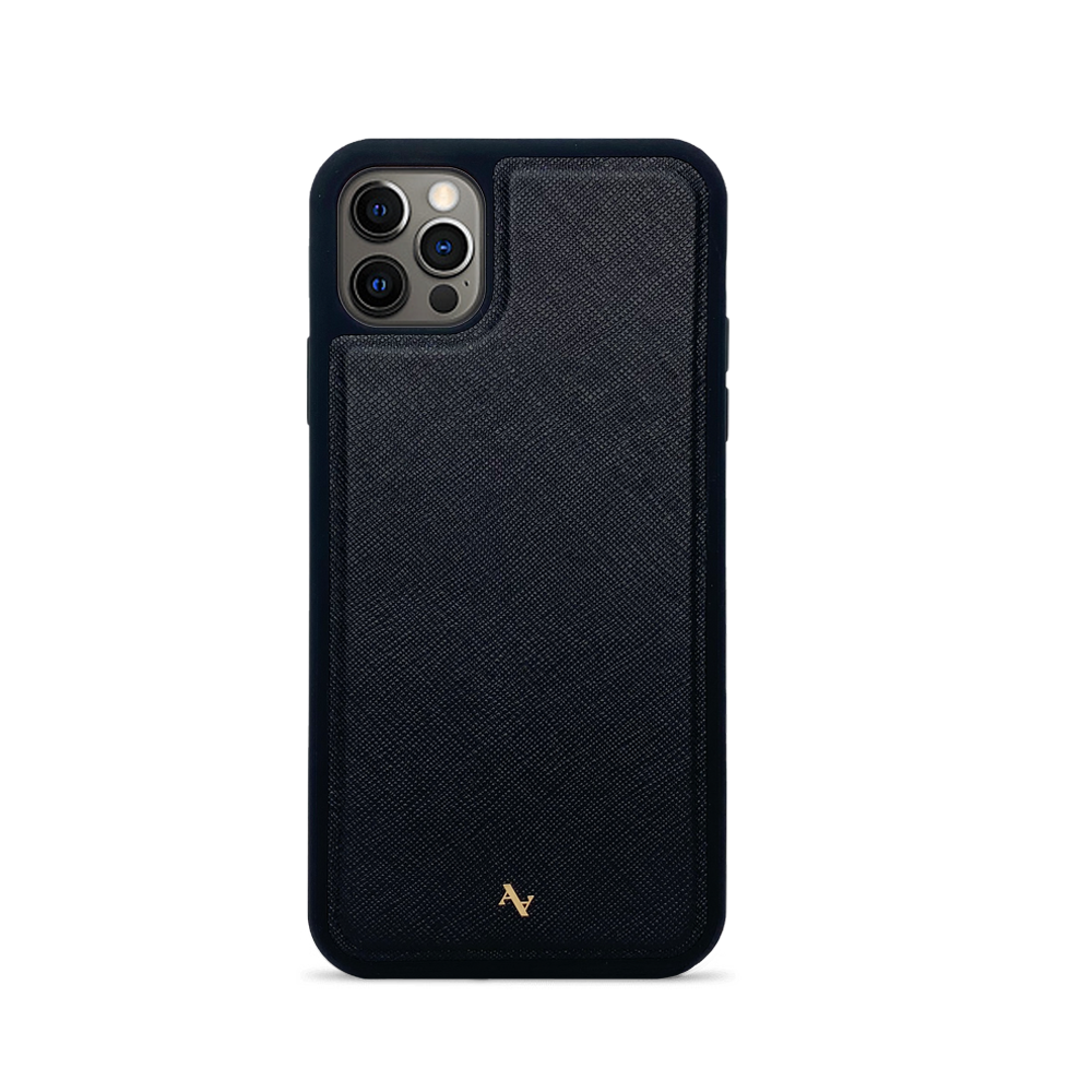 Wild Child Black iPhone 12 Pro Max Leather Case featuring vegan saffiano leather and customizable typography.