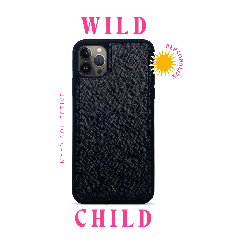 Wild Child Black Leather Case for iPhone 14 Pro Max with soft rubber rim and personalized options.