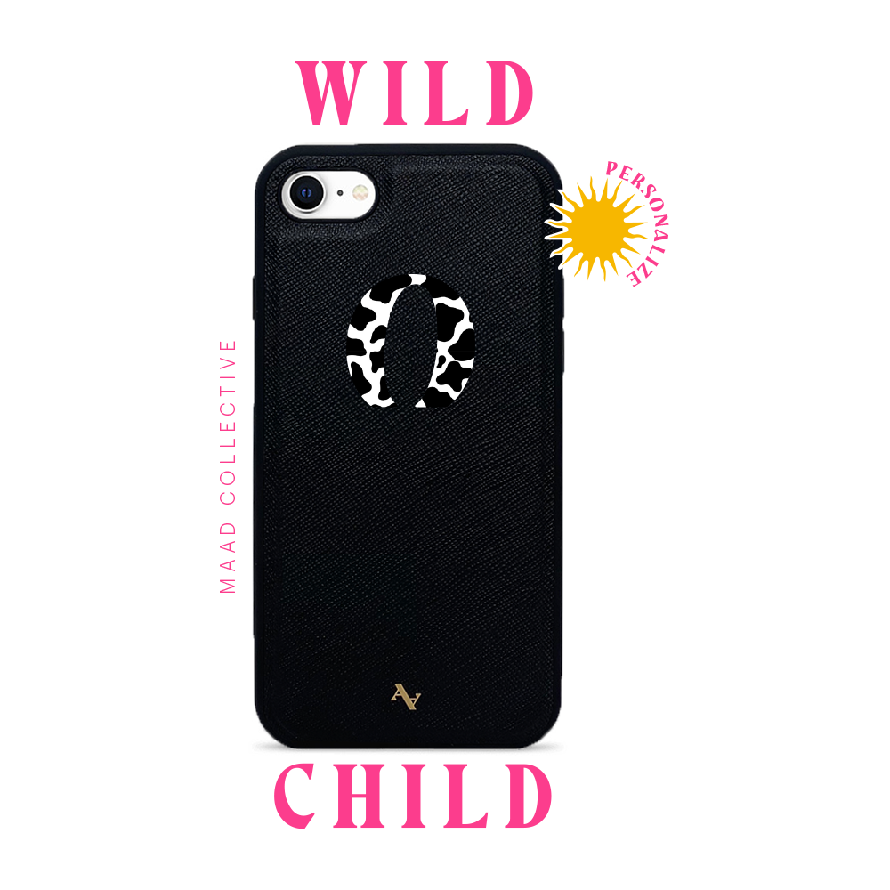 Wild Child Black Leather Case for iPhone 7/8/SE with animal print personalization options and soft rubber rim.
