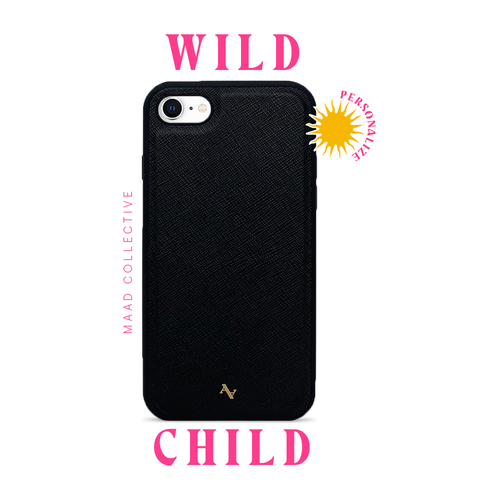 Wild Child Black Leather Case for iPhone 7/8/SE with animal print personalization options and soft rubber rim.