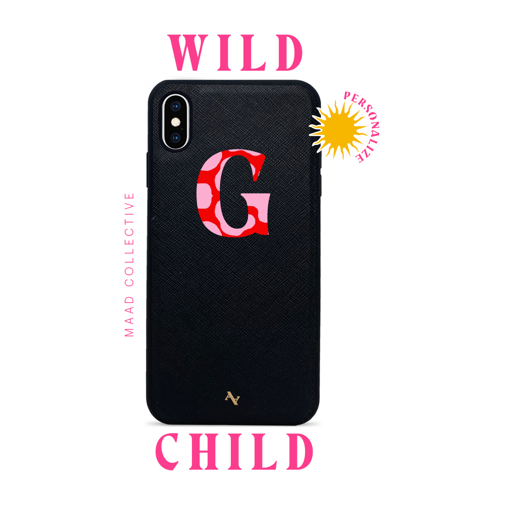Wild Child Black Leather Case for iPhone XS MAX featuring saffiano leather and rubber rim, customizable with animal print typography.