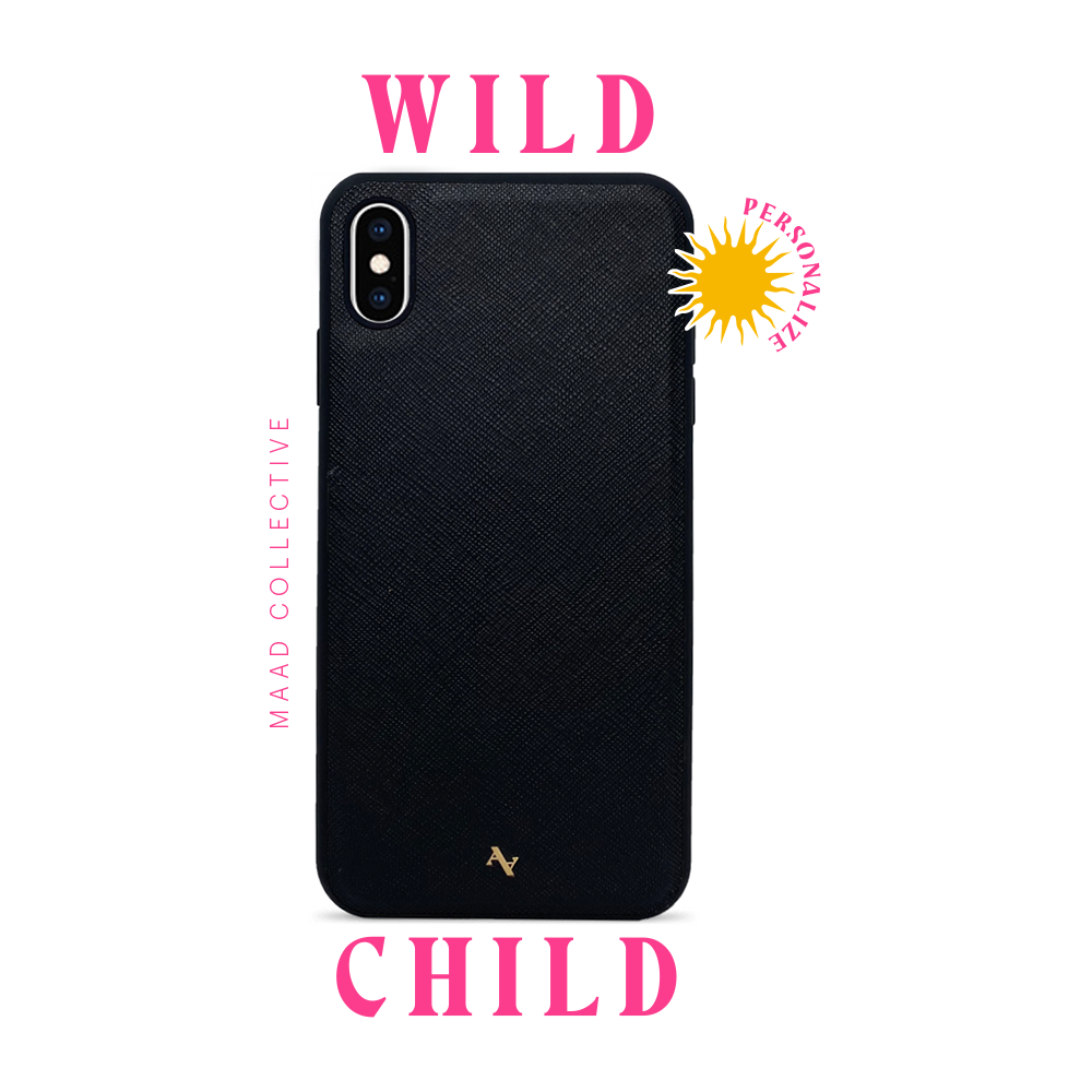 Wild Child Black Leather Case for iPhone XS MAX featuring saffiano leather and rubber rim, customizable with animal print typography.