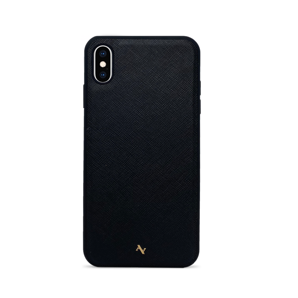 Wild Child Black Leather Case for iPhone XS MAX featuring saffiano leather and rubber rim, customizable with animal print typography.