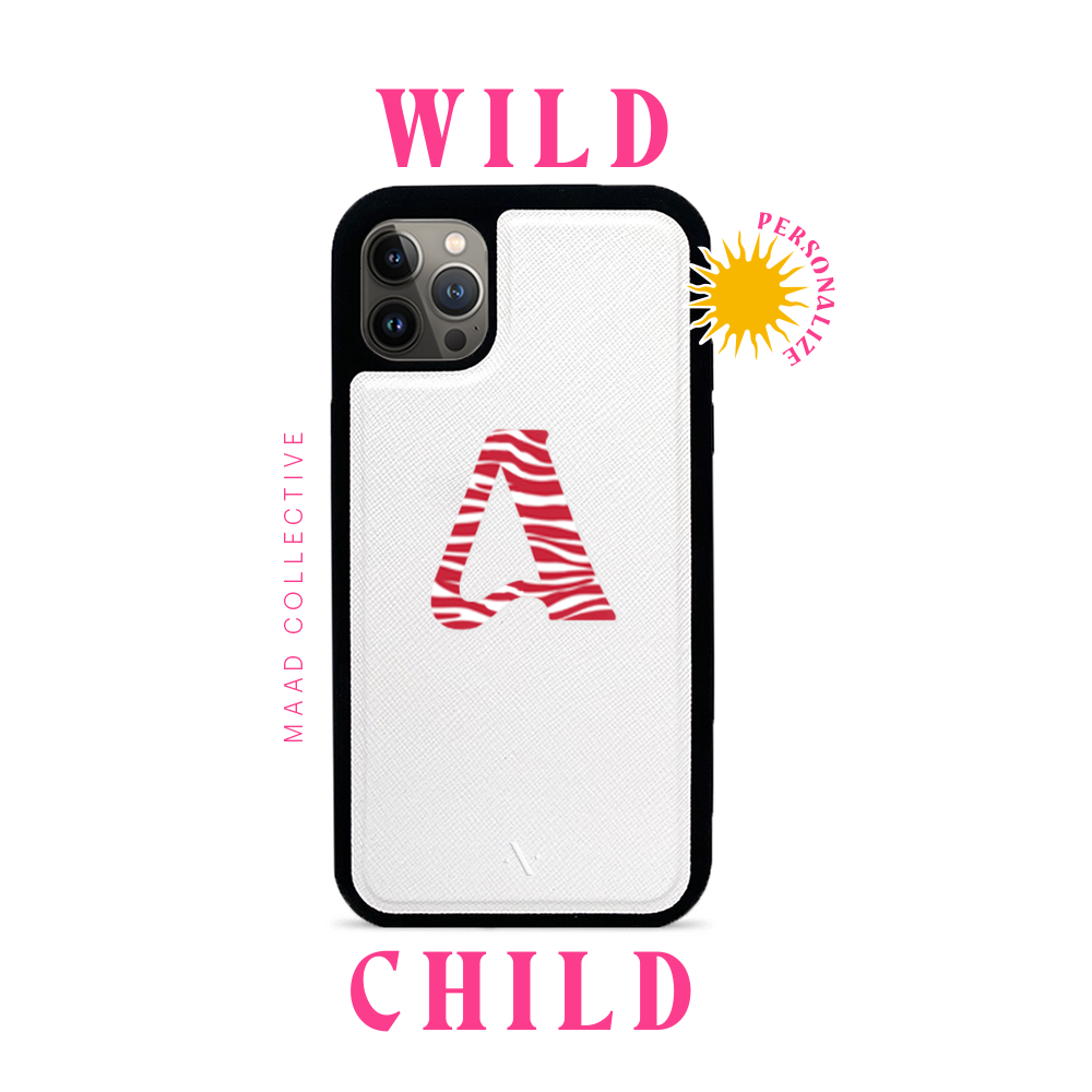 Wild Child White iPhone 13 Pro Max Leather Case with vegan saffiano leather and soft rubber rim, showcasing personalization options.