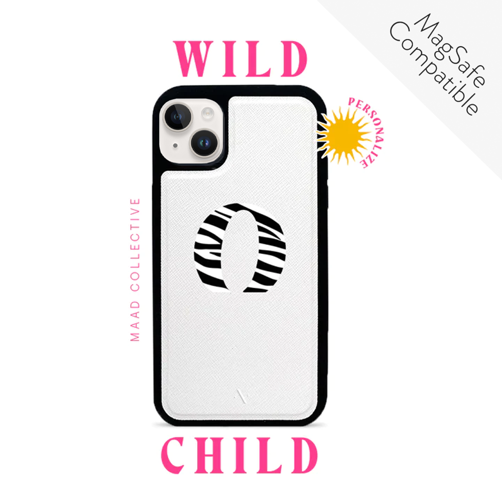 Wild Child White iPhone 14 Plus Leather Case made of vegan saffiano leather with a soft rubber rim, showcasing personalization options.