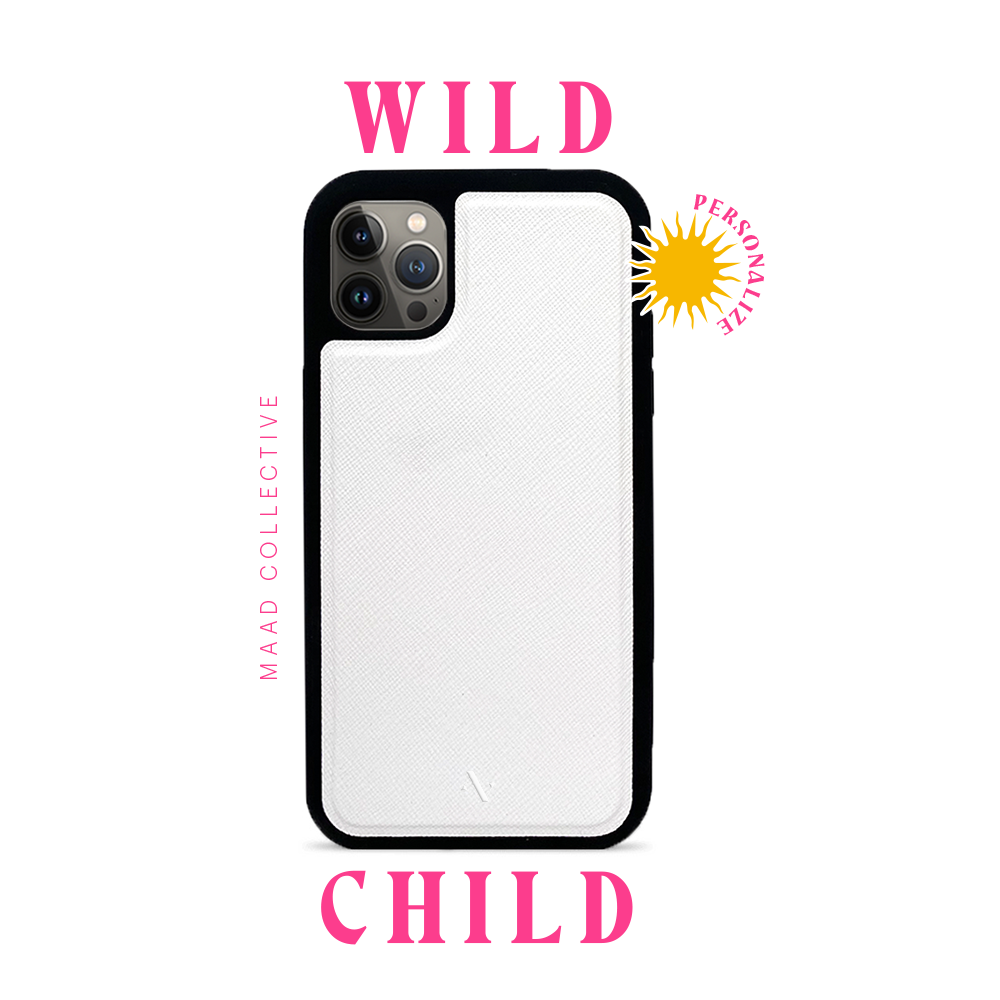Wild Child White iPhone 14 Pro Max Leather Case with vegan saffiano leather and soft rubber rim, showcasing personalization options.