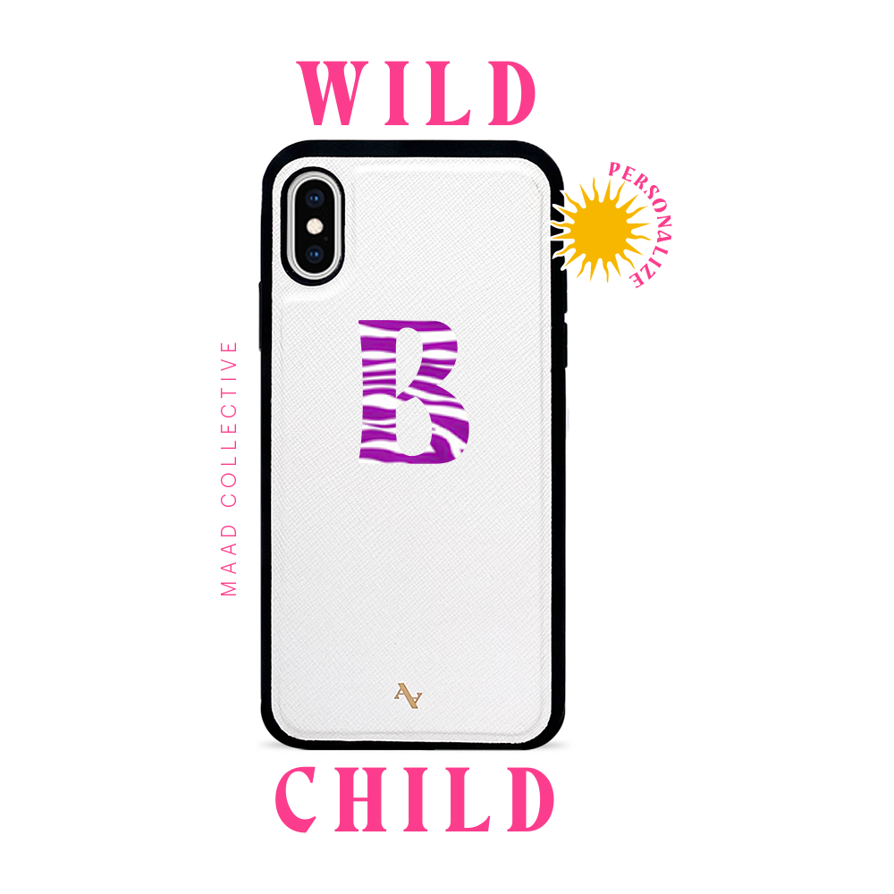 Wild Child White iPhone X/XS Leather Case featuring saffiano leather and rubber rim, customizable with unique typography and animal print.