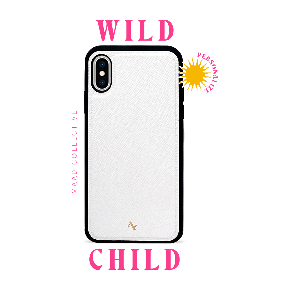 Wild Child White iPhone X/XS Leather Case featuring saffiano leather and rubber rim, customizable with unique typography and animal print.