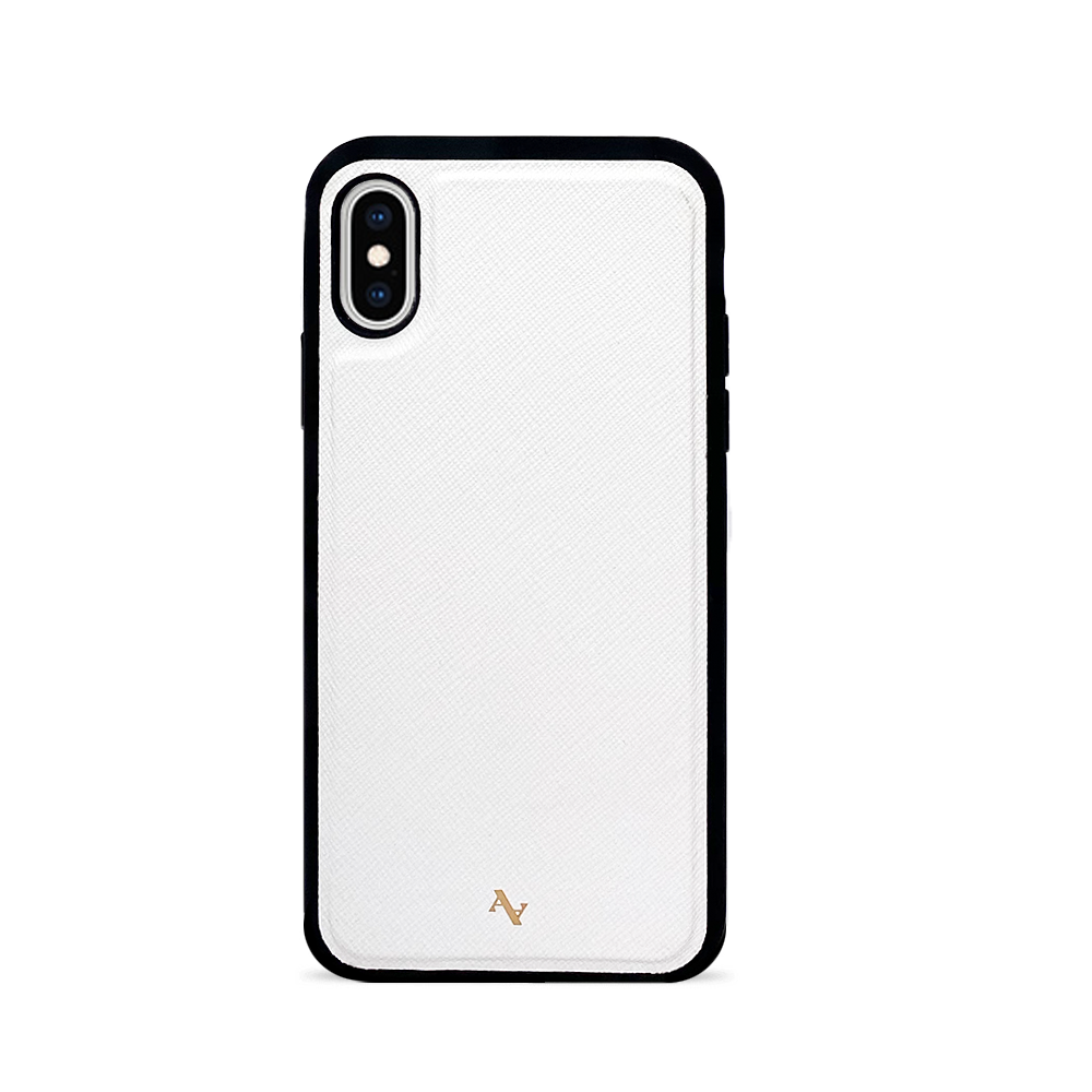 Wild Child White iPhone X/XS Leather Case featuring saffiano leather and rubber rim, customizable with unique typography and animal print.