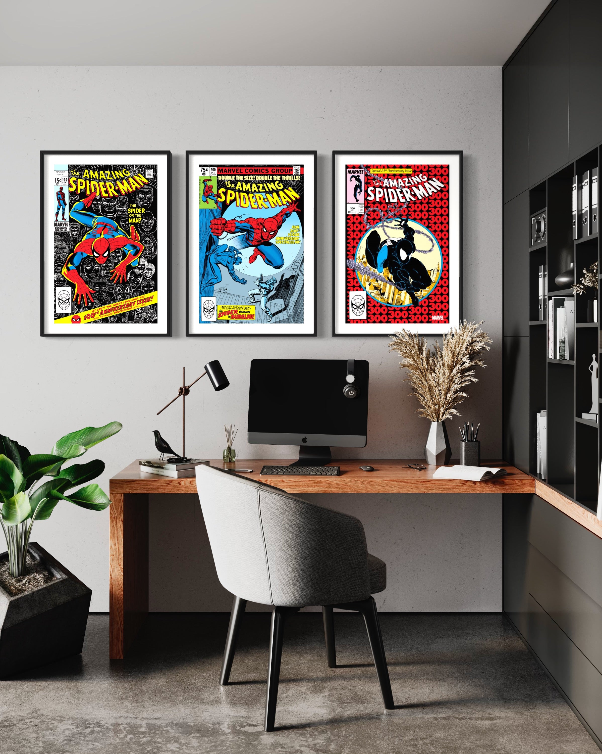 Limited edition Spider-Man comic cover prints showcasing issues #100, #200, and #300, featuring vibrant artwork and iconic characters.