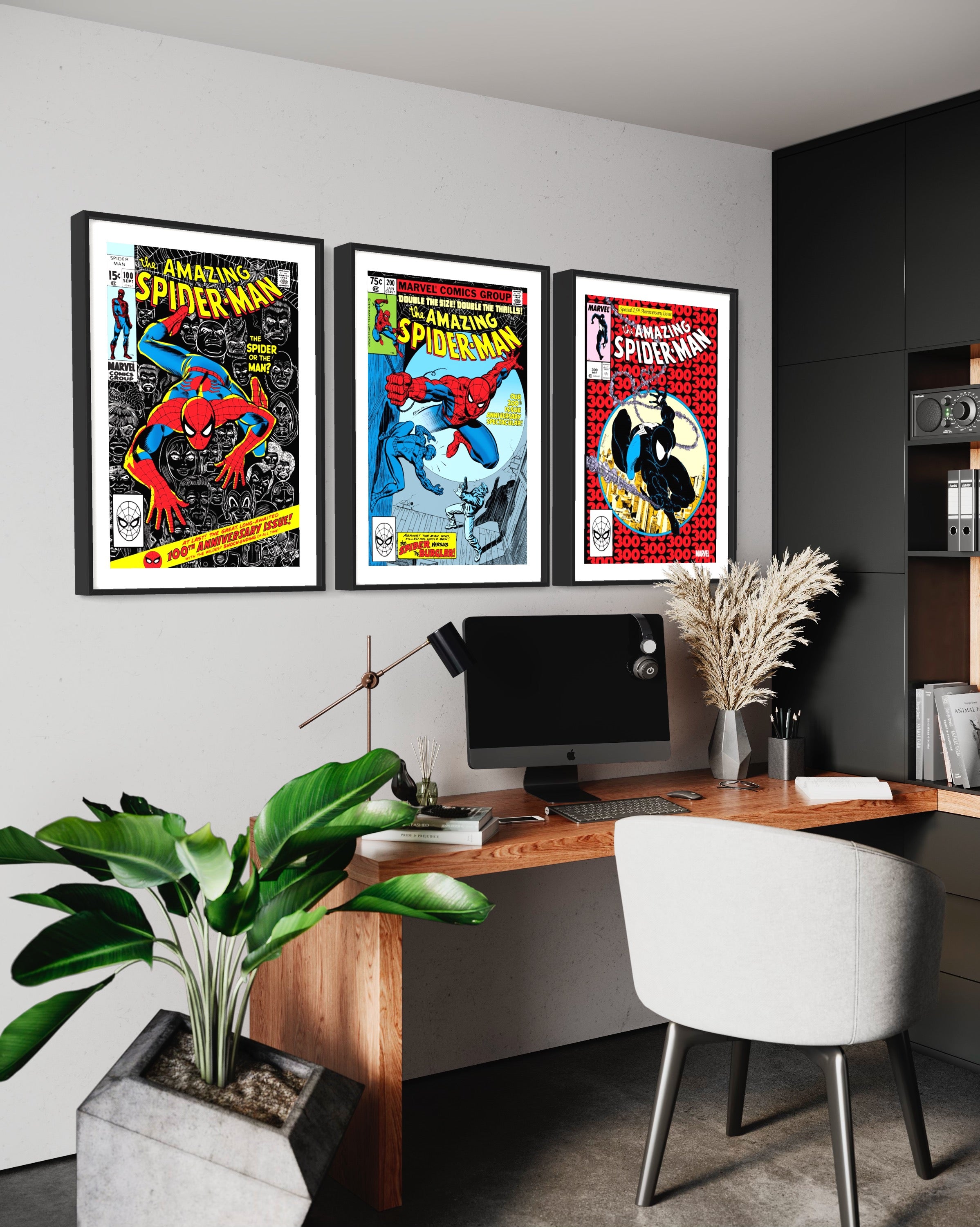 Limited edition Spider-Man comic cover prints showcasing issues #100, #200, and #300, featuring vibrant artwork and iconic characters.