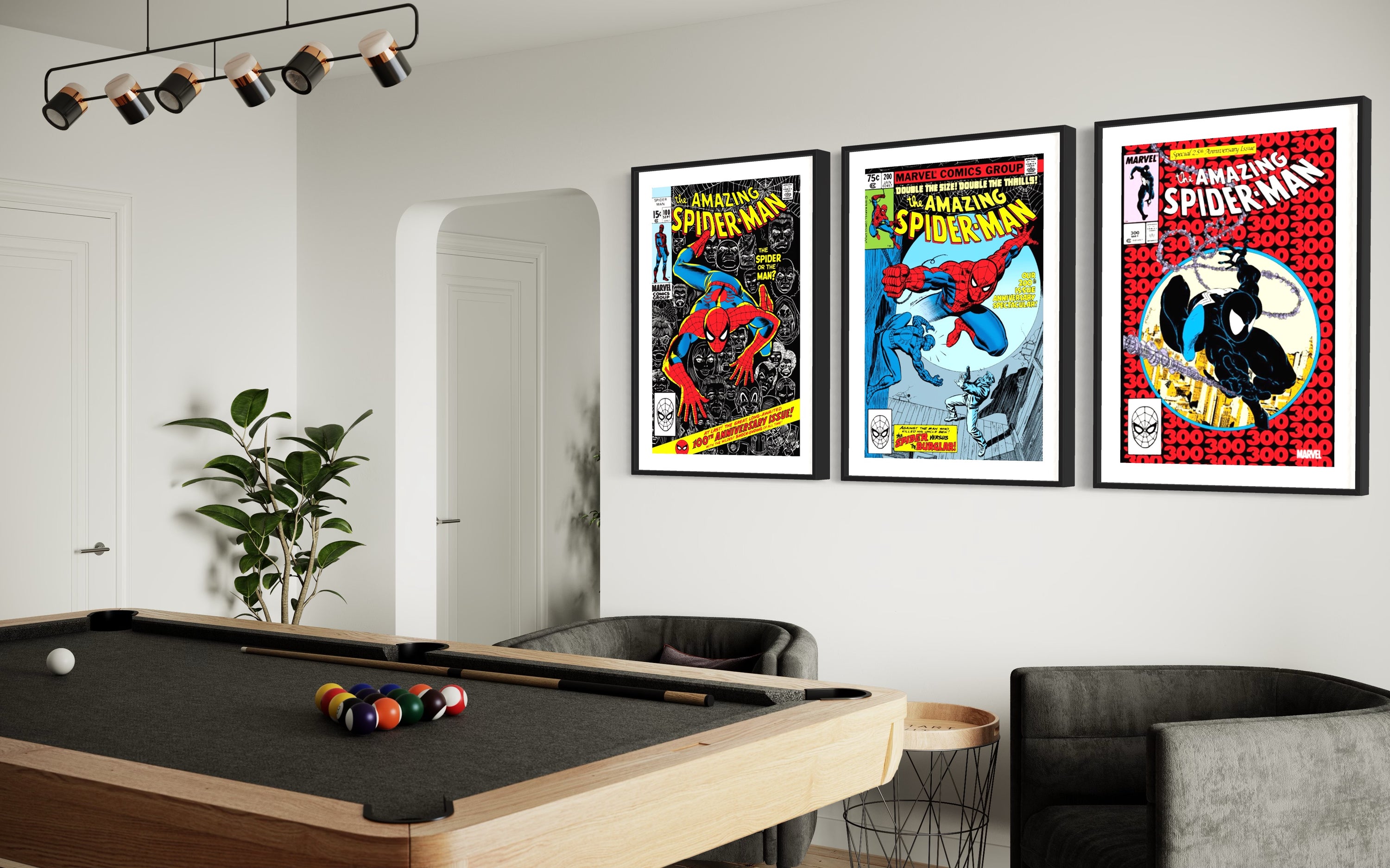 Limited edition Spider-Man comic cover prints showcasing issues #100, #200, and #300, featuring vibrant artwork and iconic characters.