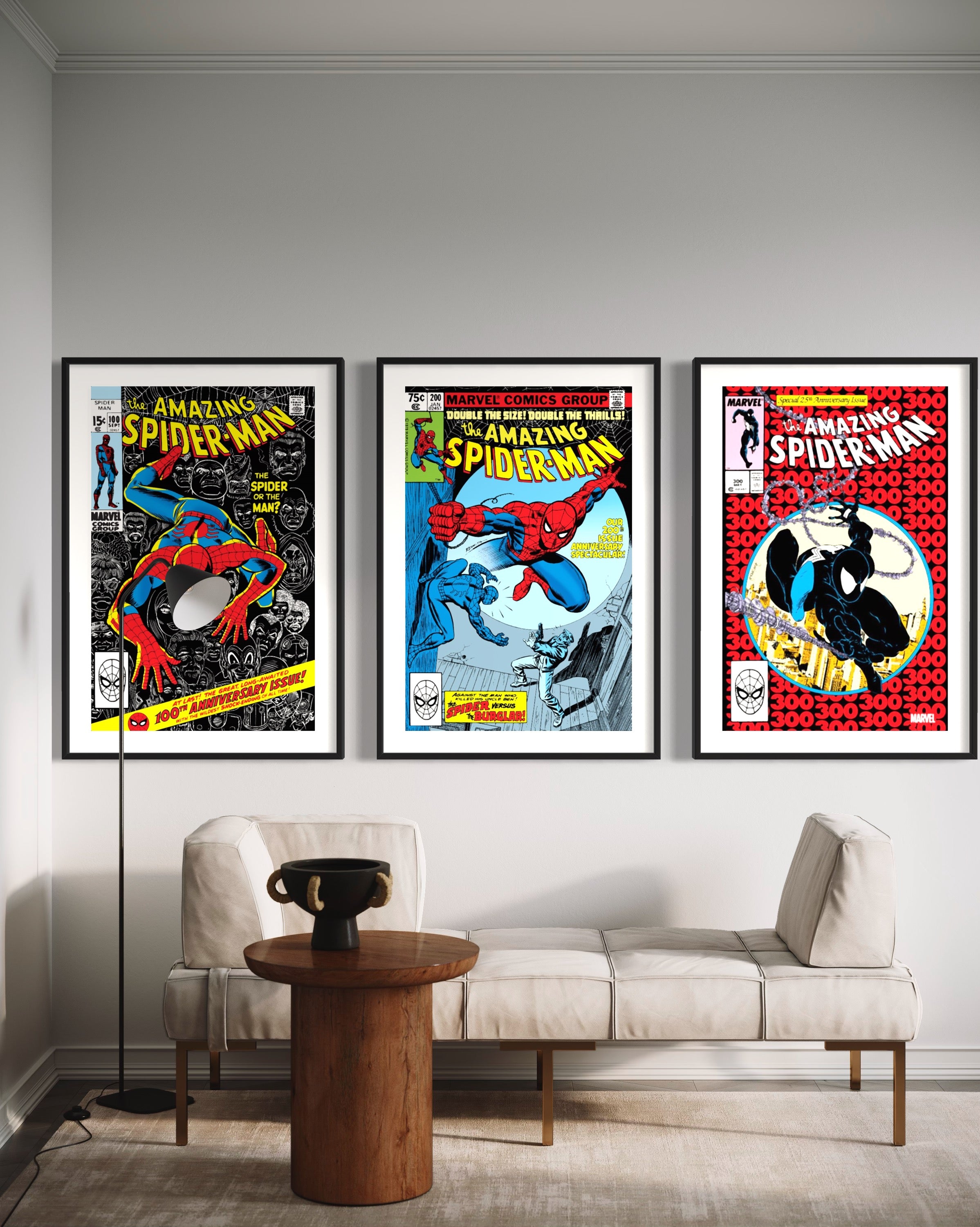 Limited edition Spider-Man comic cover prints showcasing issues #100, #200, and #300, featuring vibrant artwork and iconic characters.