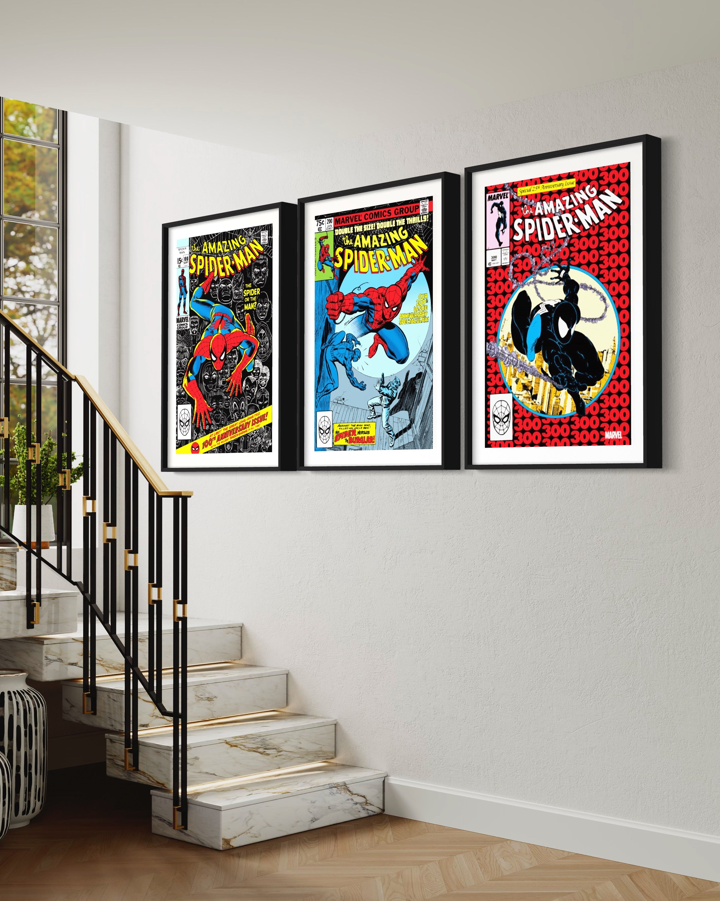 Limited edition Spider-Man comic cover prints showcasing issues #100, #200, and #300, featuring vibrant artwork and iconic characters.