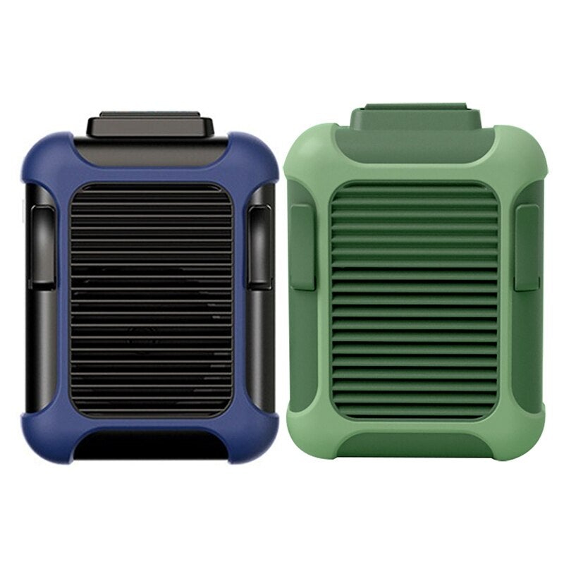 A compact blue and green 2 in 1 Mini Waist Mounted Hanging Fan, showcasing its lightweight design and adjustable speed settings.