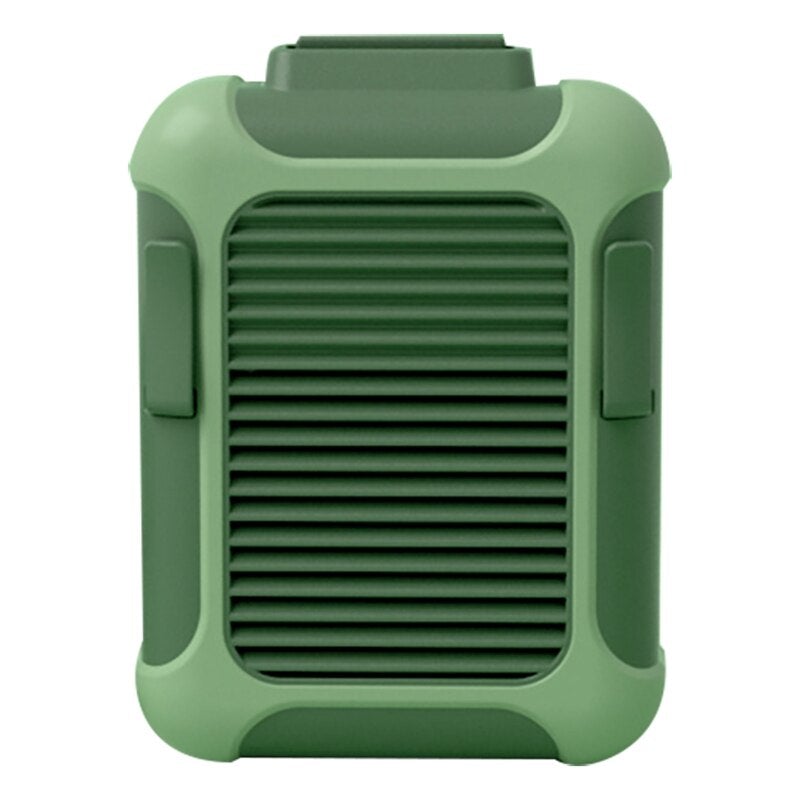 A compact blue and green 2 in 1 Mini Waist Mounted Hanging Fan, showcasing its lightweight design and adjustable speed settings.