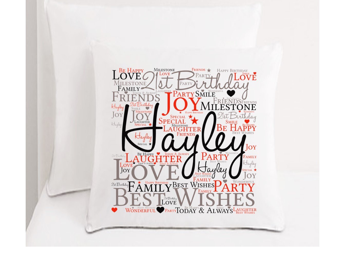 A stylish 21st Birthday Word Art Personalised Cushion featuring custom names and dates, designed in a contemporary style with a soft silky feel.