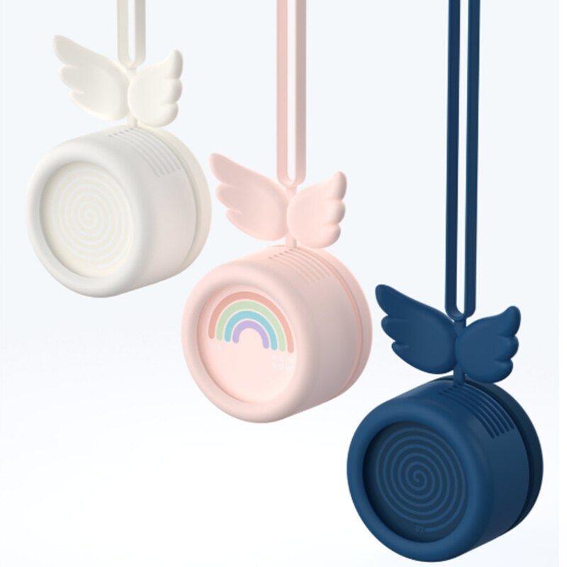 Adjustable Air Cooling Portable Mini Hanging Neck Fan in blue, pink, and white colors, designed for hands-free cooling.