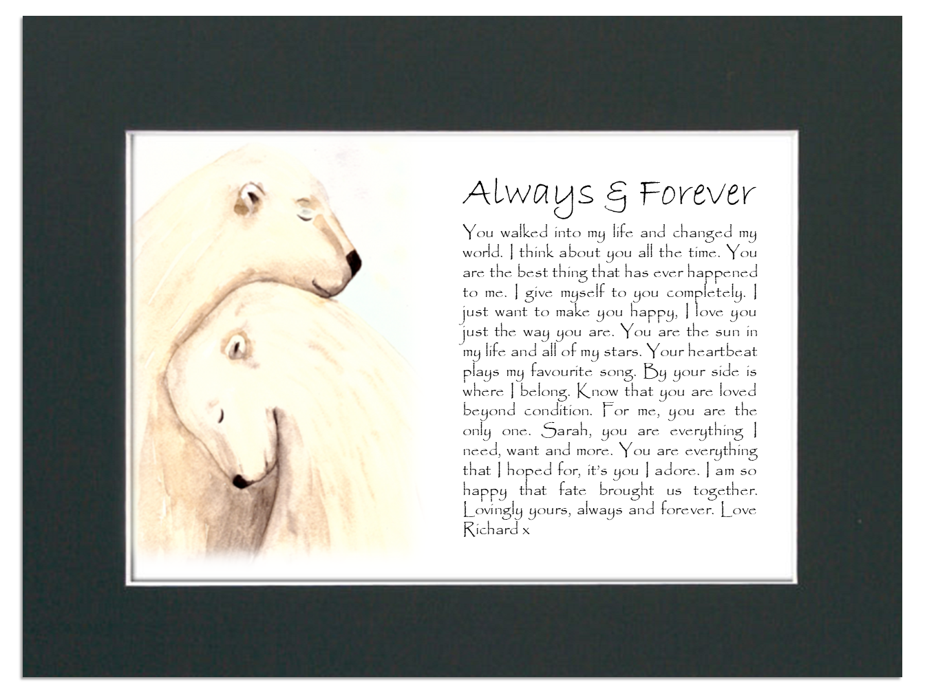 A beautifully framed personalised love poem on canvas, featuring elegant typography and a choice of black or white mount, perfect for gifting.