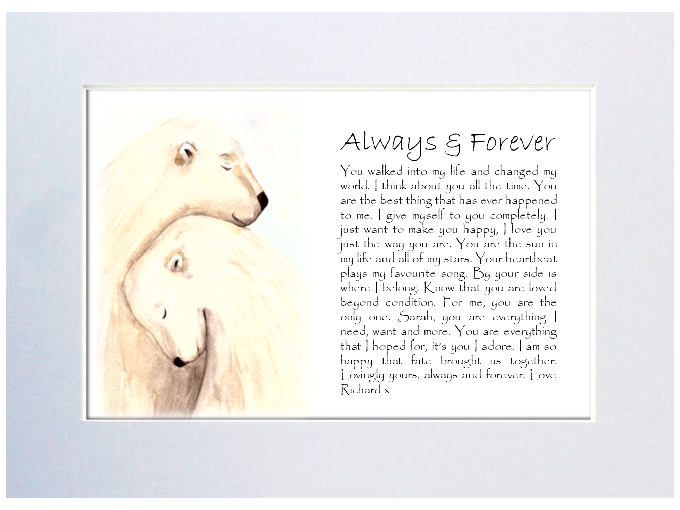 A beautifully framed personalised love poem on canvas, featuring elegant typography and a choice of black or white mount, perfect for gifting.