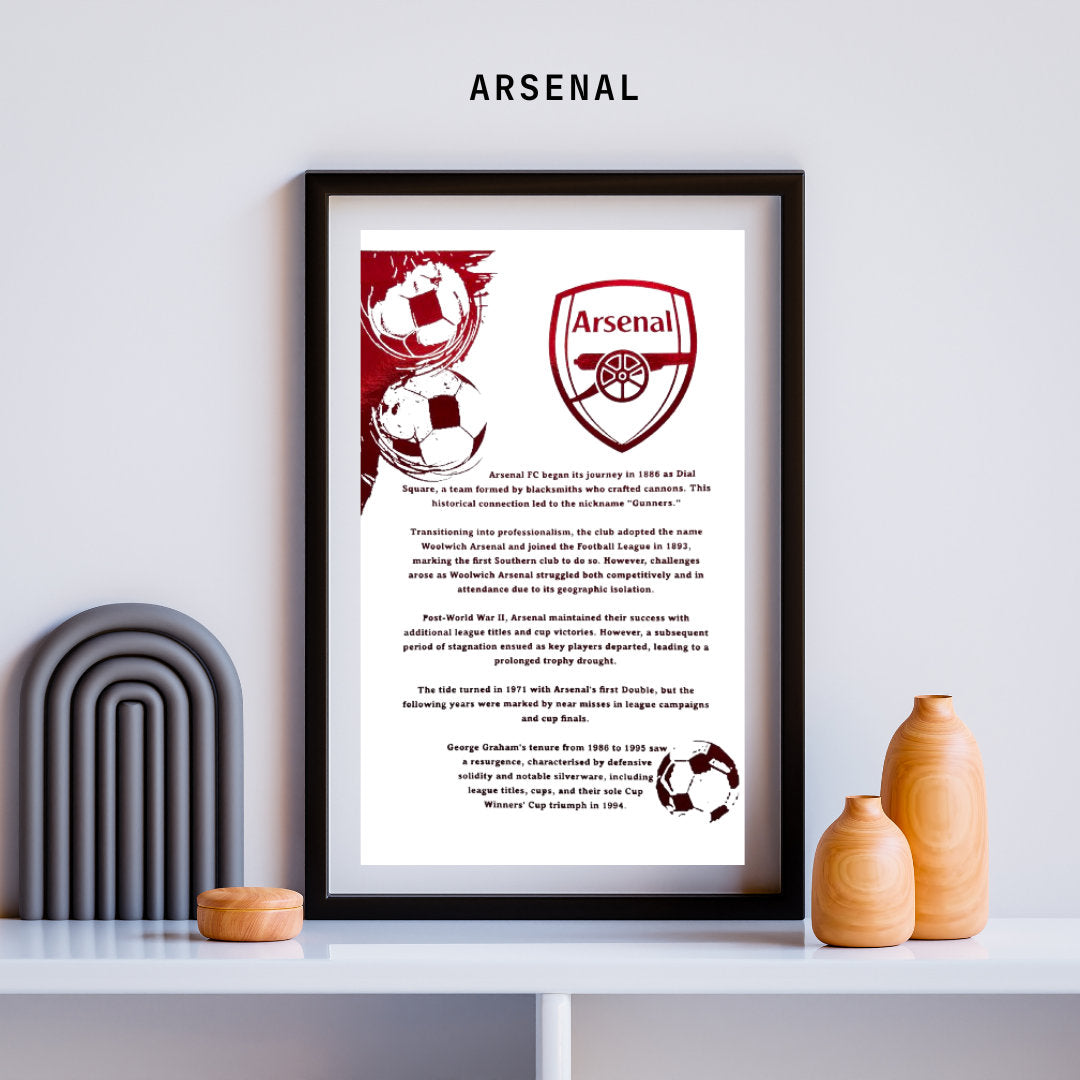 A4 foil print featuring the Arsenal FC logo with red foil accents, showcasing club history and achievements.