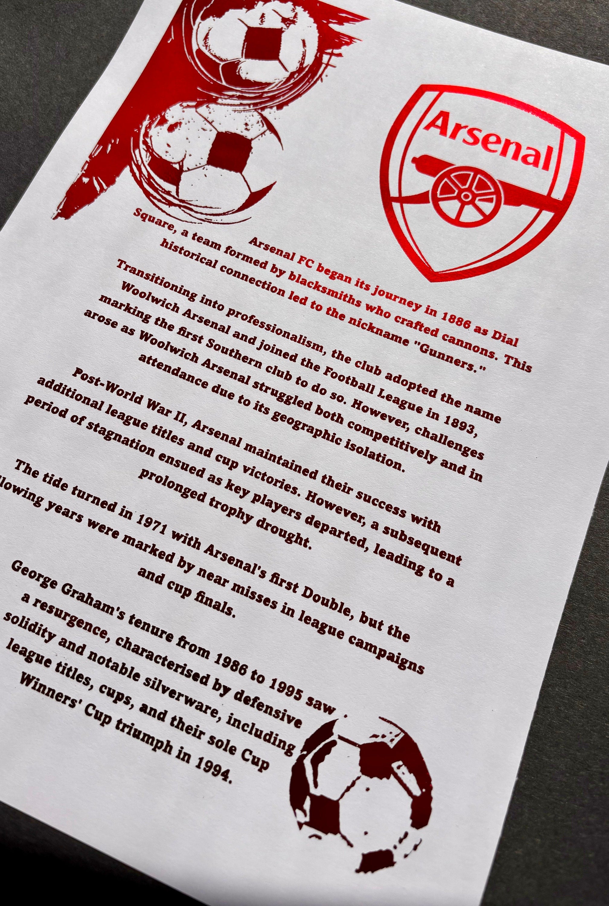 A4 foil print featuring the Arsenal FC logo with red foil accents, showcasing club history and achievements.