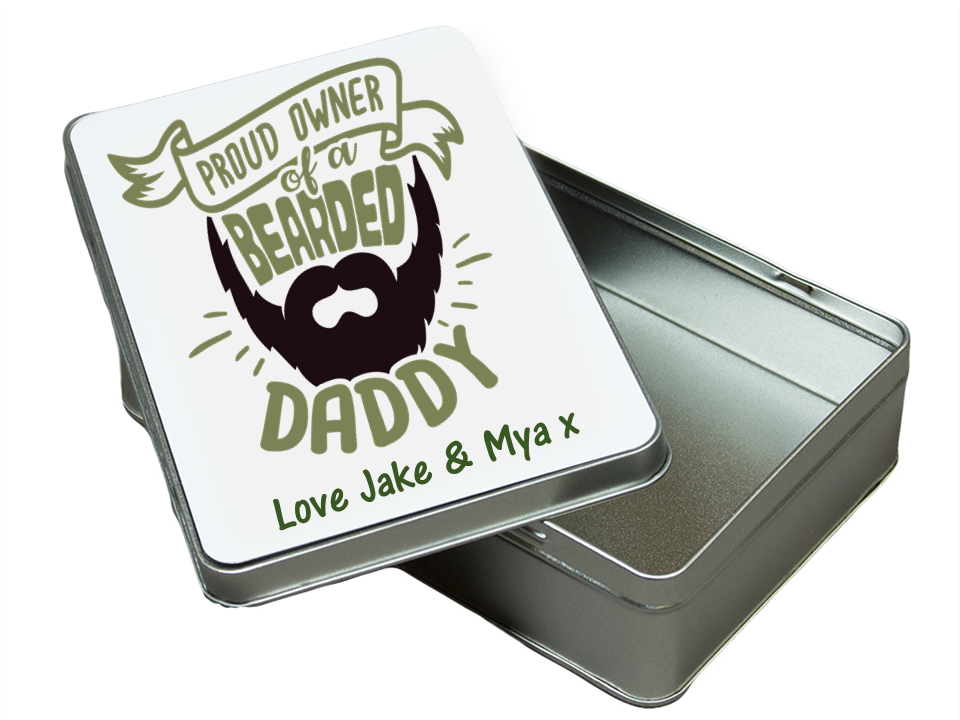 Bearded Dad Personalised Tin with stylish design, perfect for storing tobacco or keepsakes, featuring a modern aesthetic and personalisation option.