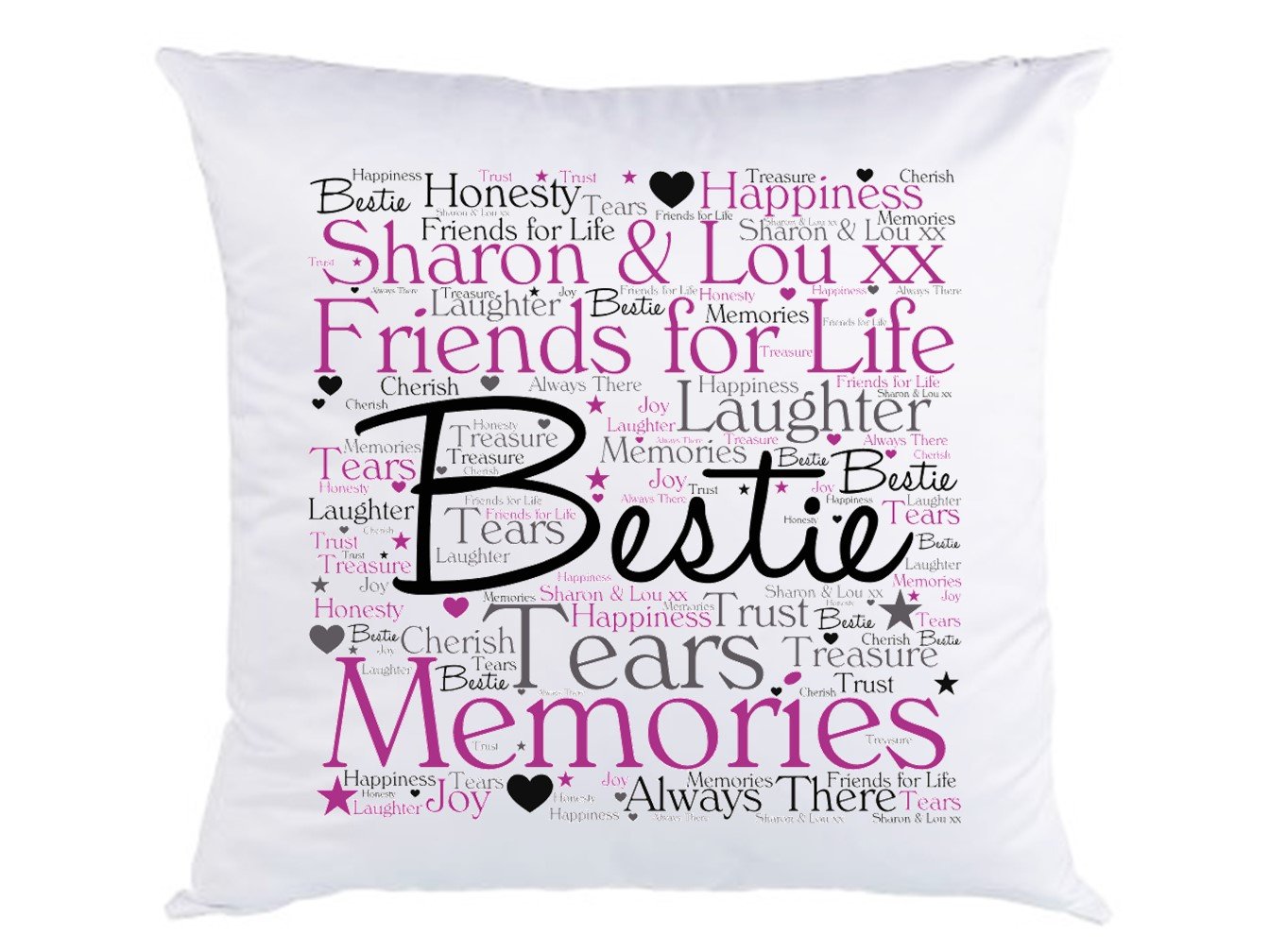 A personalized Bestie Friendship Word Art Cushion featuring custom text, soft fabric, and a stylish design, perfect for celebrating friendship.