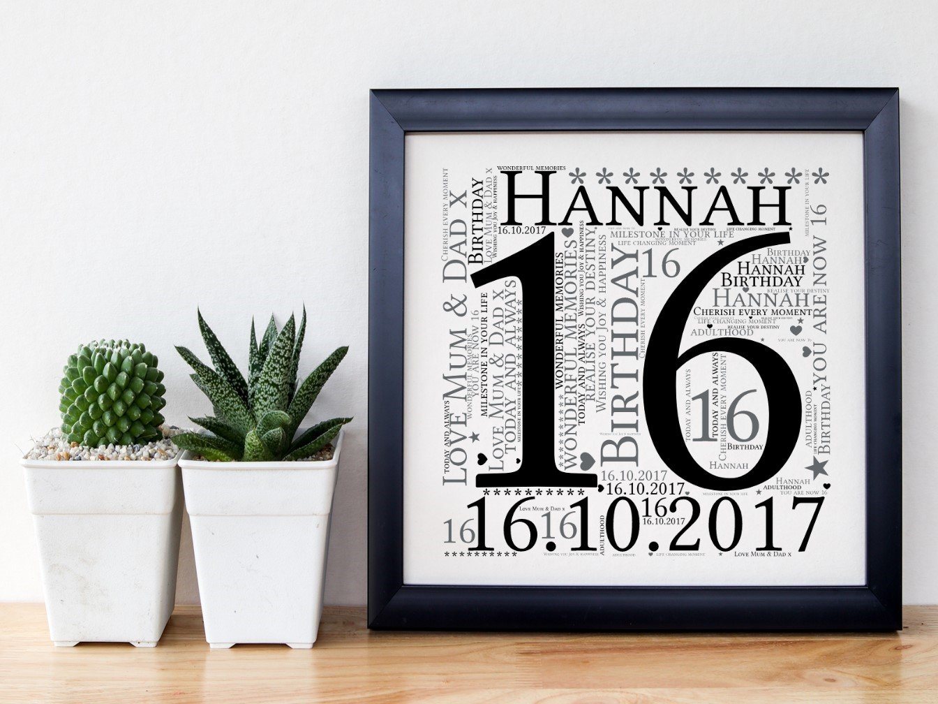 A beautifully framed word art piece celebrating a birthday, featuring customisable colors and up to 25 personal words, displayed in an 8'x8' frame.