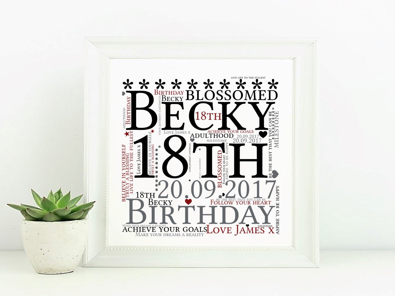 A beautifully framed word art piece celebrating a birthday, featuring customisable colors and up to 25 personal words, displayed in an 8'x8' frame.