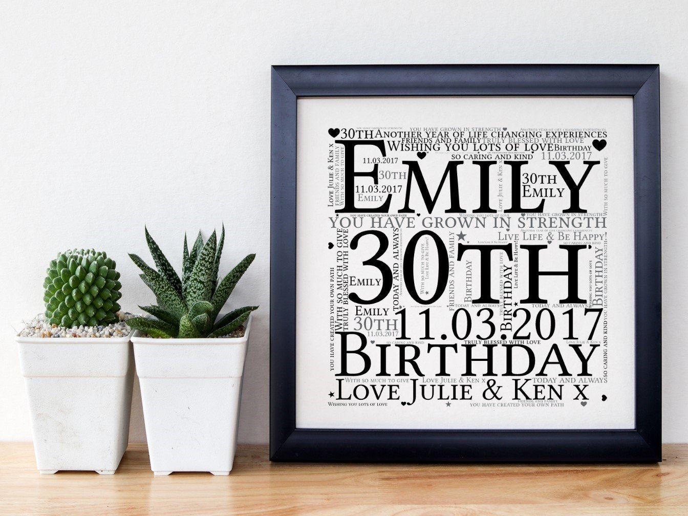A beautifully framed word art piece celebrating a birthday, featuring customisable colors and up to 25 personal words, displayed in an 8'x8' frame.