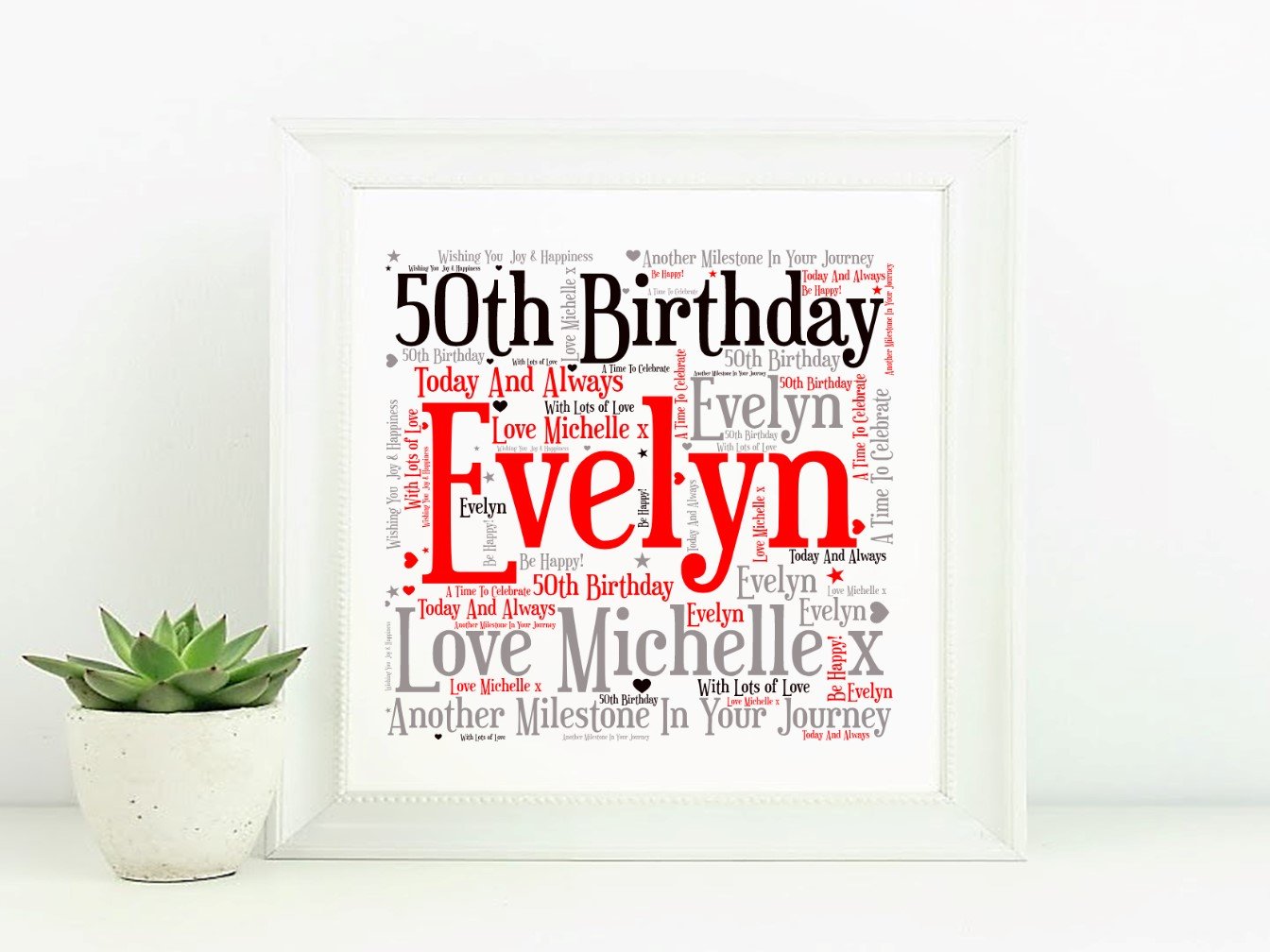 A beautifully framed word art piece celebrating a birthday, featuring customisable colors and up to 25 personal words, displayed in an 8'x8' frame.