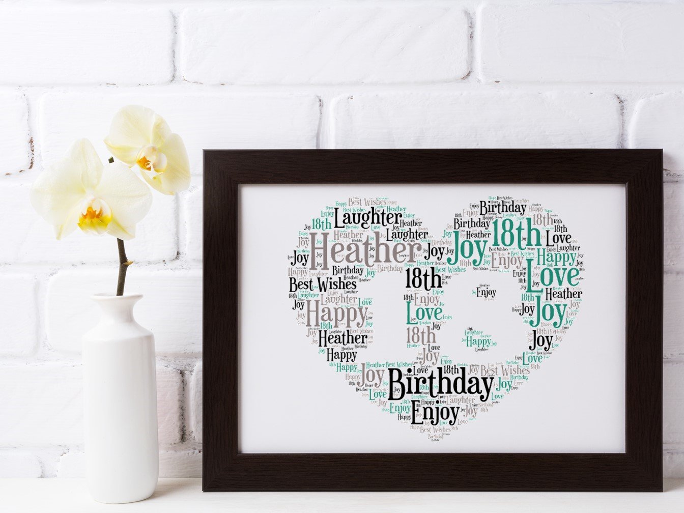 A beautifully designed Birthday Personalised Wordheart showcasing custom words arranged in a heart shape, available in various colors and framed options.