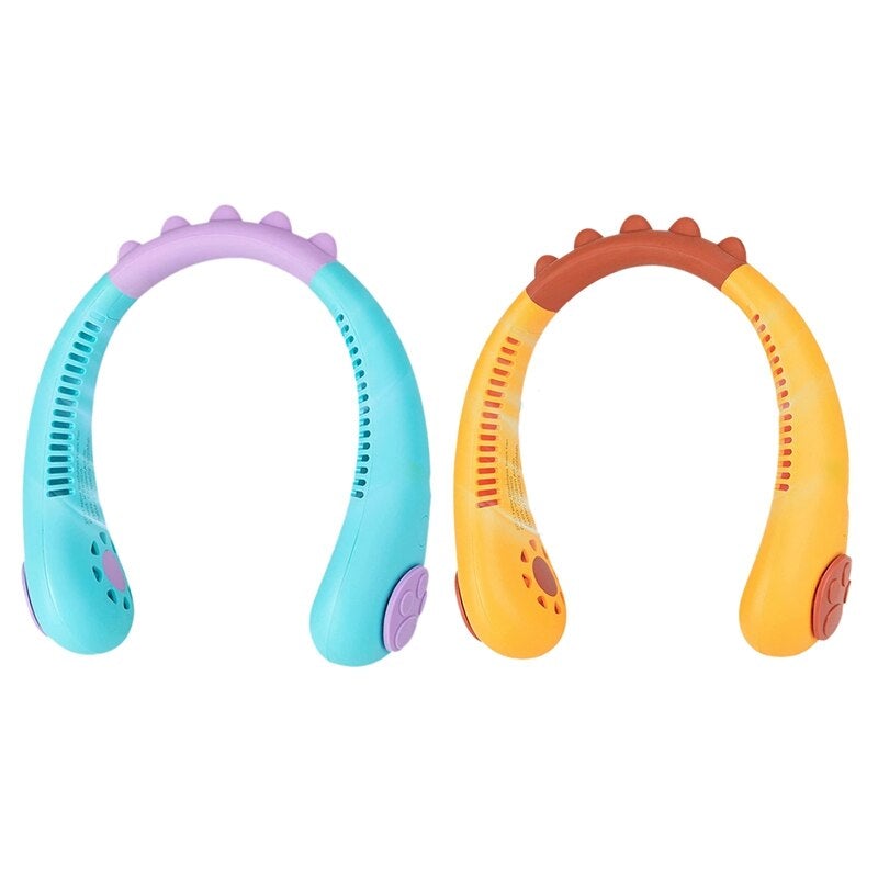A colorful, cartoon-themed bladeless neck fan designed for kids, featuring sunflower decorations and a lightweight design for comfort.