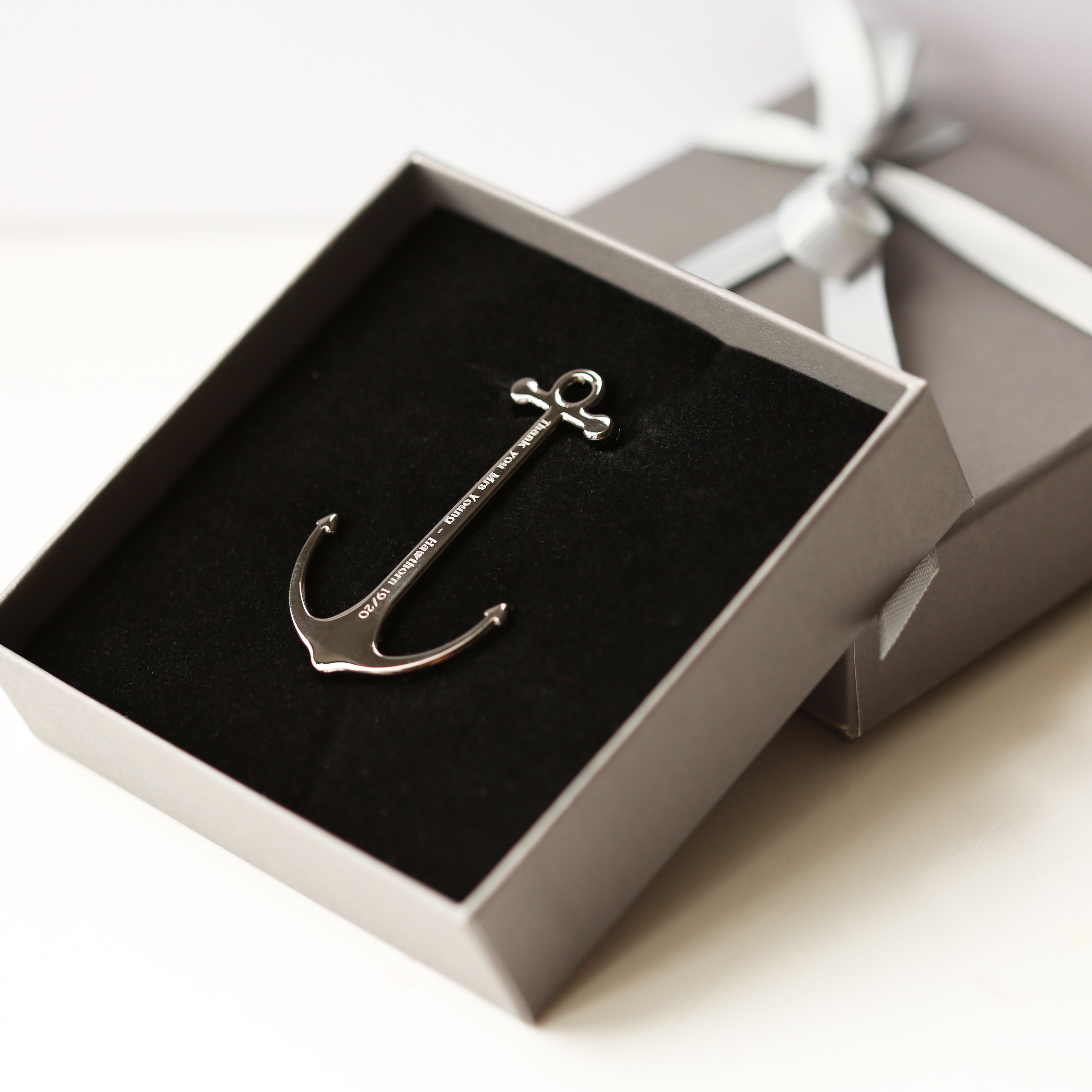 Personalised Silver & Black Book Anchor, elegantly designed with a modern font engraving, perfect for holding books open.