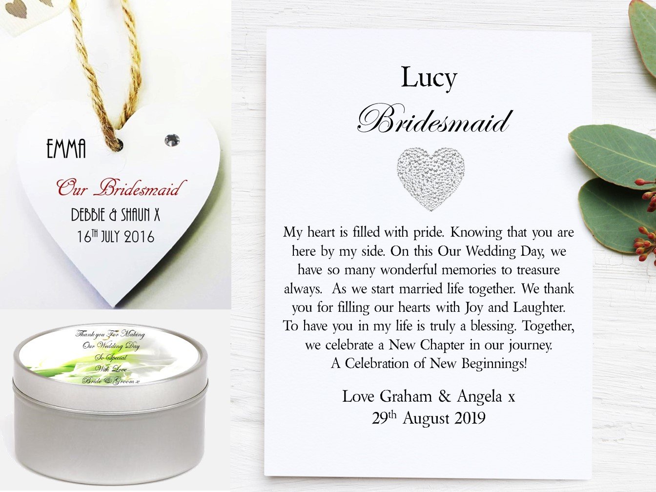 Personalised Bridesmaid Poem Scroll Gift Set featuring a textured canvas poem, heart-shaped mini plaque, and scented candle, elegantly presented in an organza bag.