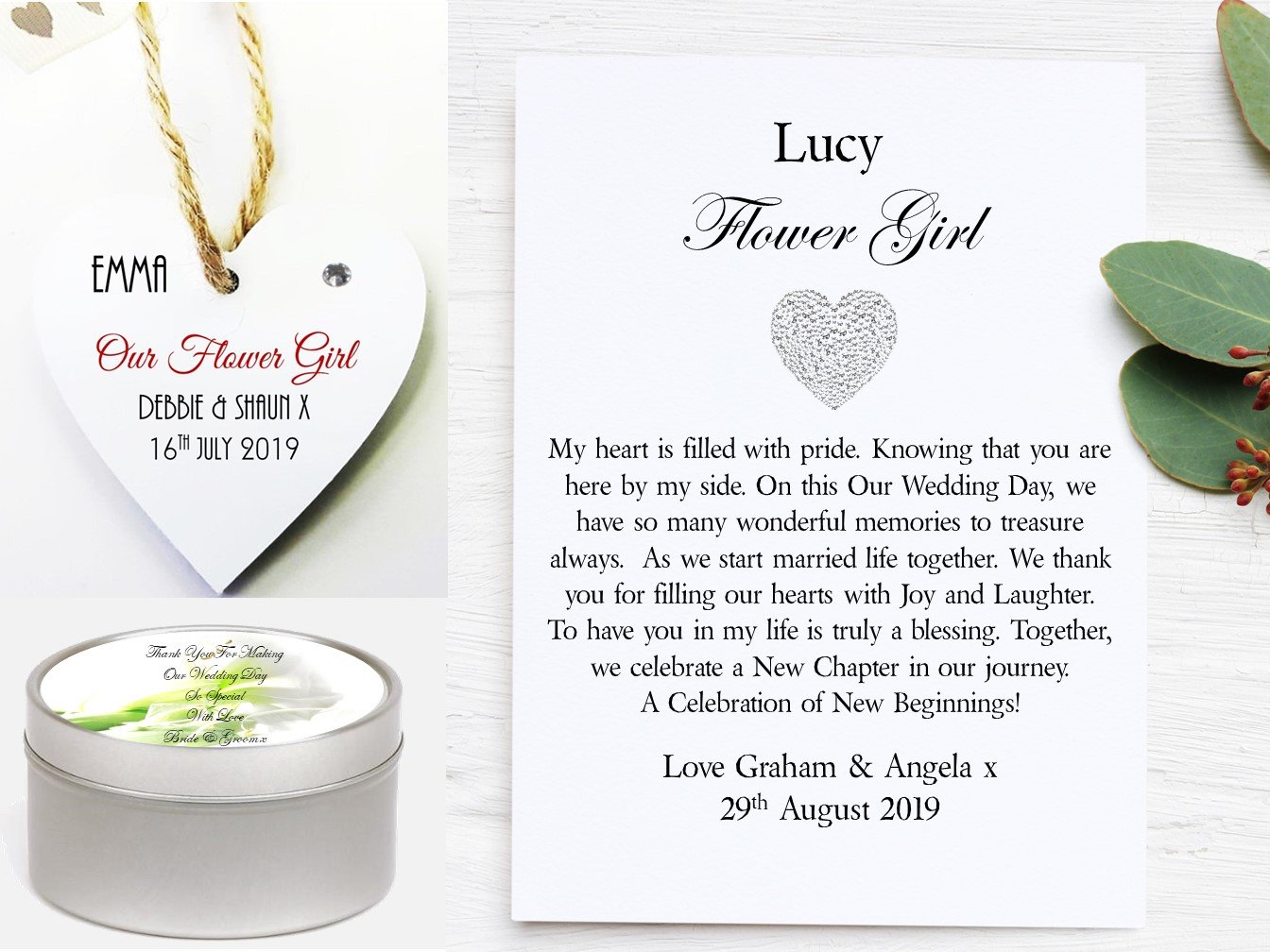 Personalised Bridesmaid Poem Scroll Gift Set featuring a textured canvas poem, heart-shaped mini plaque, and scented candle, elegantly presented in an organza bag.