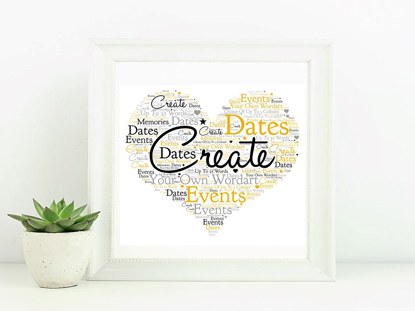 A beautifully framed word art print featuring personalized text, displayed in a stylish black or white frame.