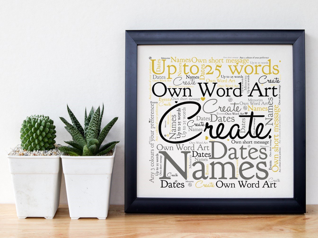 A beautifully framed word art print featuring personalized text, displayed in a stylish black or white frame.