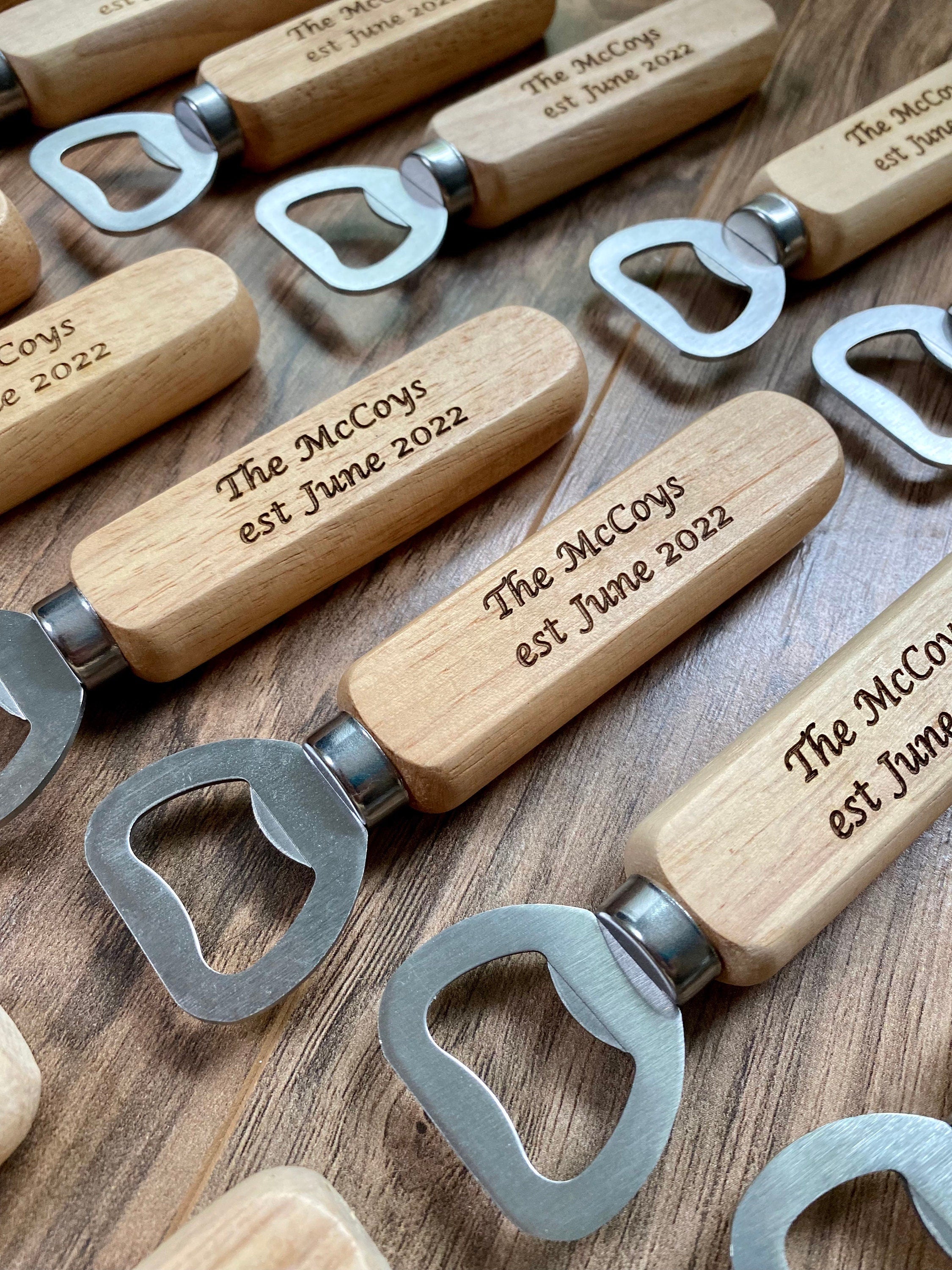 Custom engraved wooden bottle opener with stainless steel cap remover, showcasing personalized engraving.