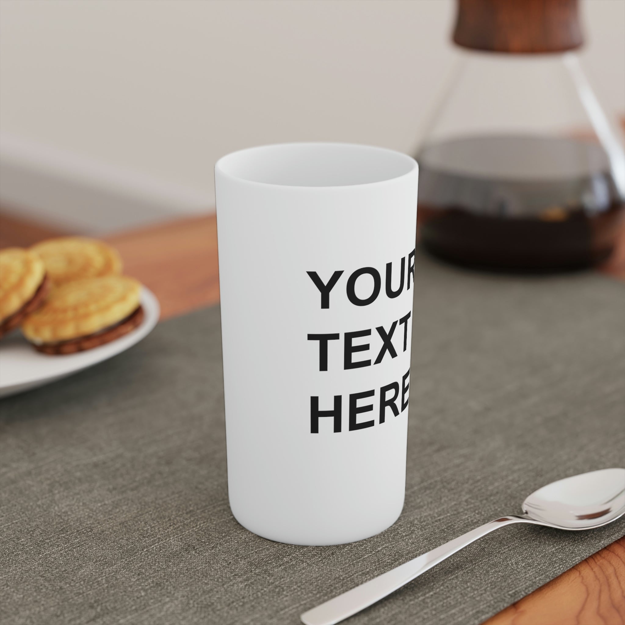 Custom logo coffee mugs in three sizes, showcasing a sleek conical design and vibrant print.
