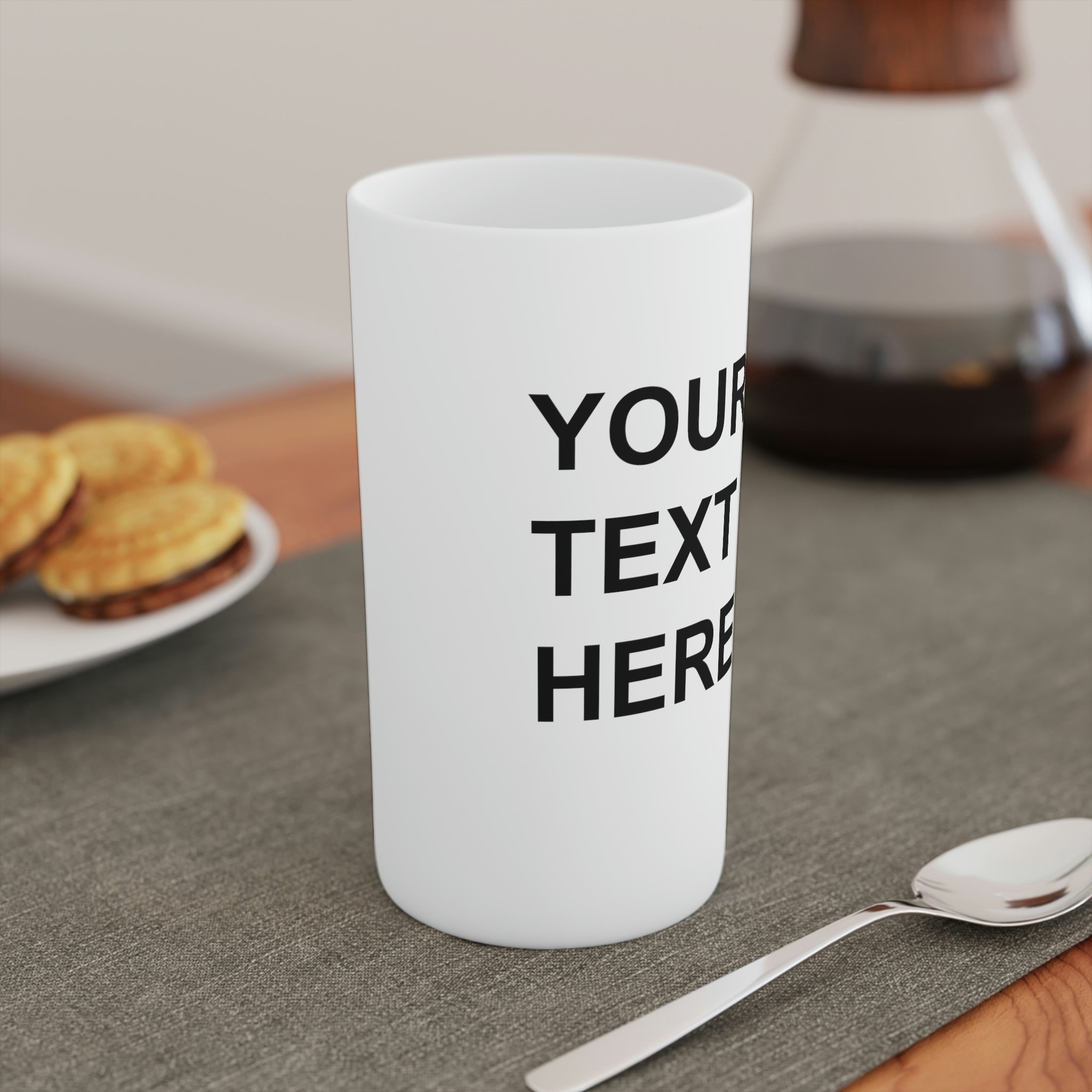 Custom logo coffee mugs in three sizes, showcasing a sleek conical design and vibrant print.