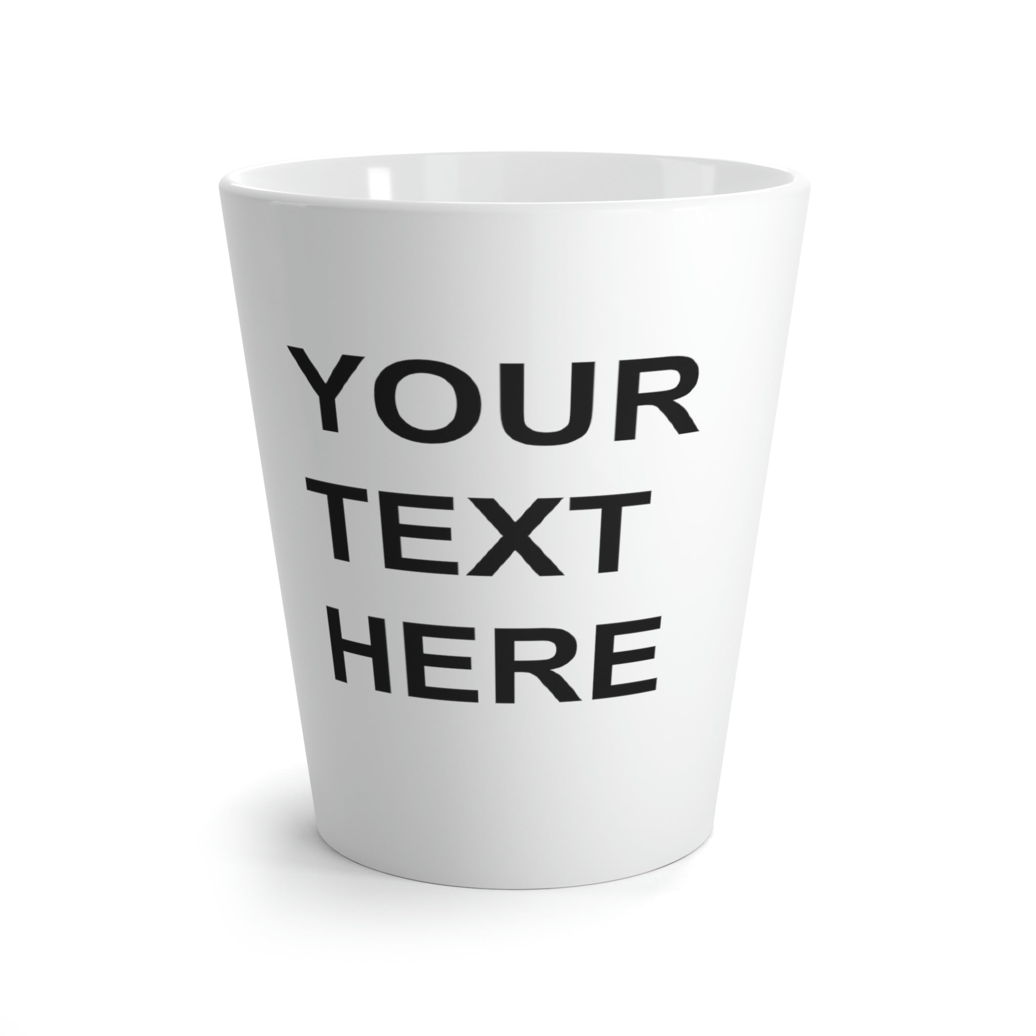 Customizable white ceramic latte mug with team logo design, featuring a C-handle and rounded corners.