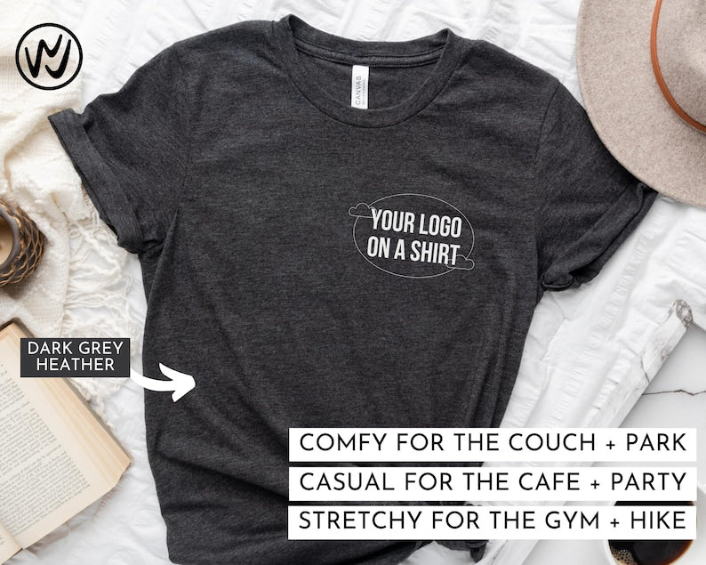 Custom t-shirt featuring a logo on the front and back, showcasing vibrant colors and high-quality print.