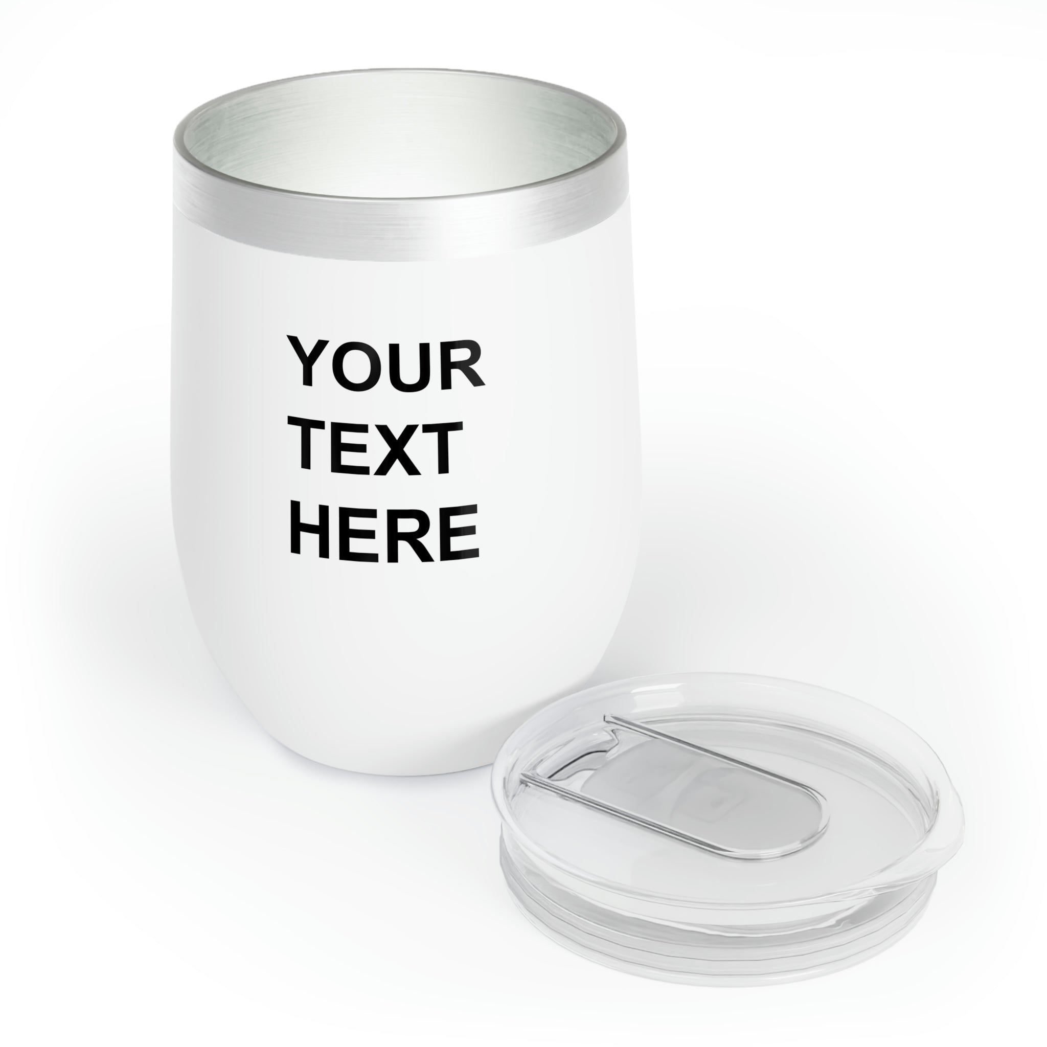 Custom logo wine tumbler made of stainless steel with a sleek design, featuring a clear BPA-free lid and double-wall insulation.