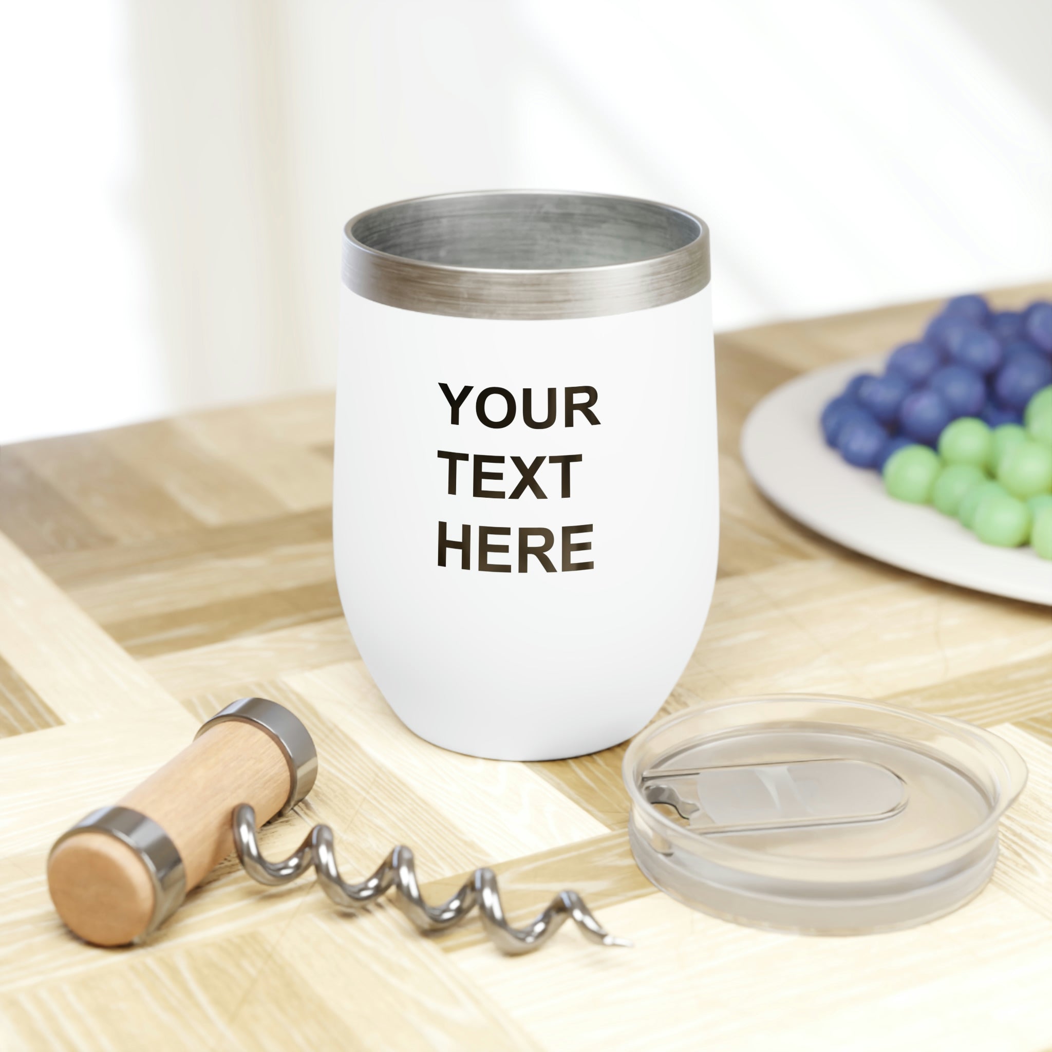 Custom logo wine tumbler made of stainless steel with a sleek design, featuring a clear BPA-free lid and double-wall insulation.