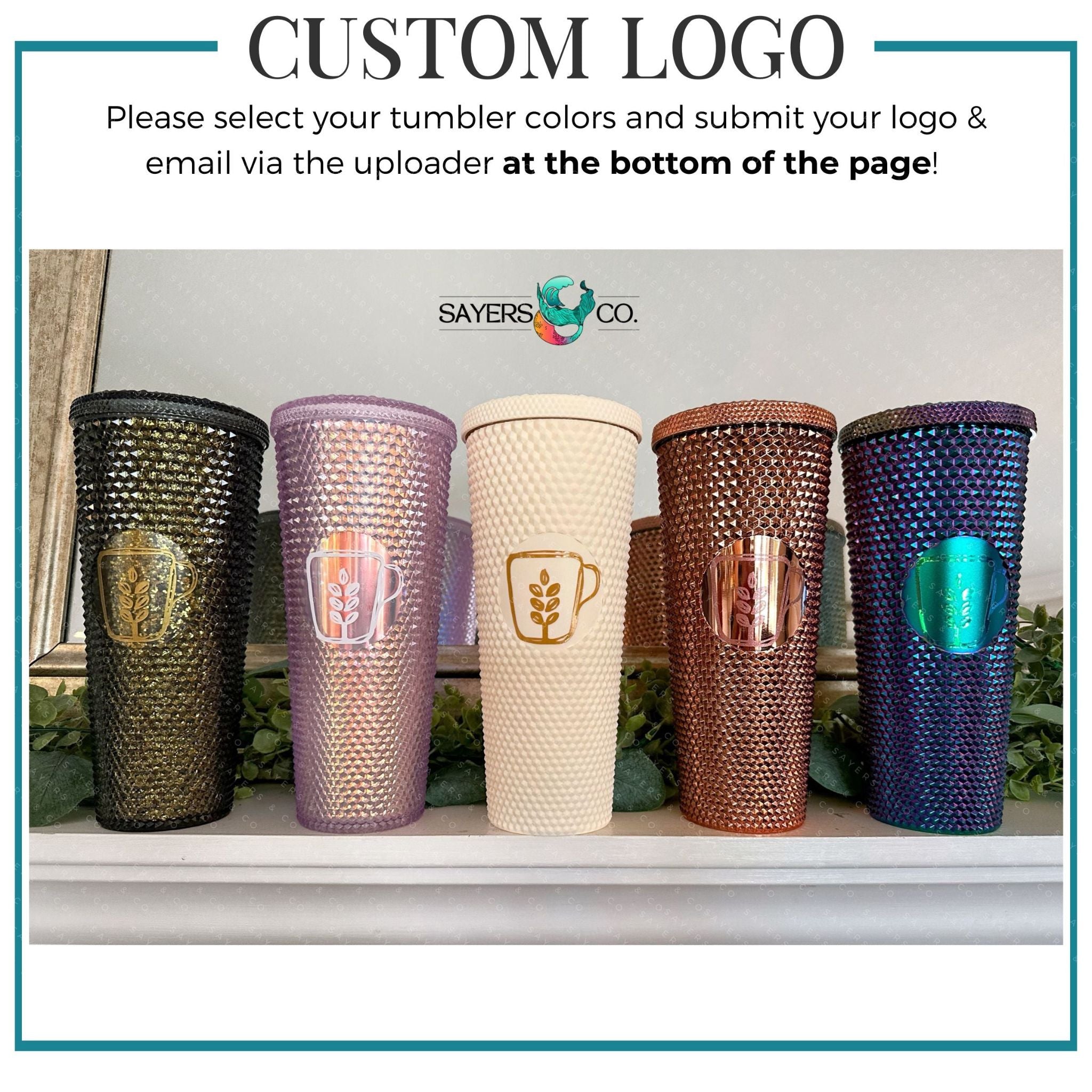 Custom Logo Studded 24oz Double Walled Tumbler in various colors with a matching straw, showcasing a personalized logo.