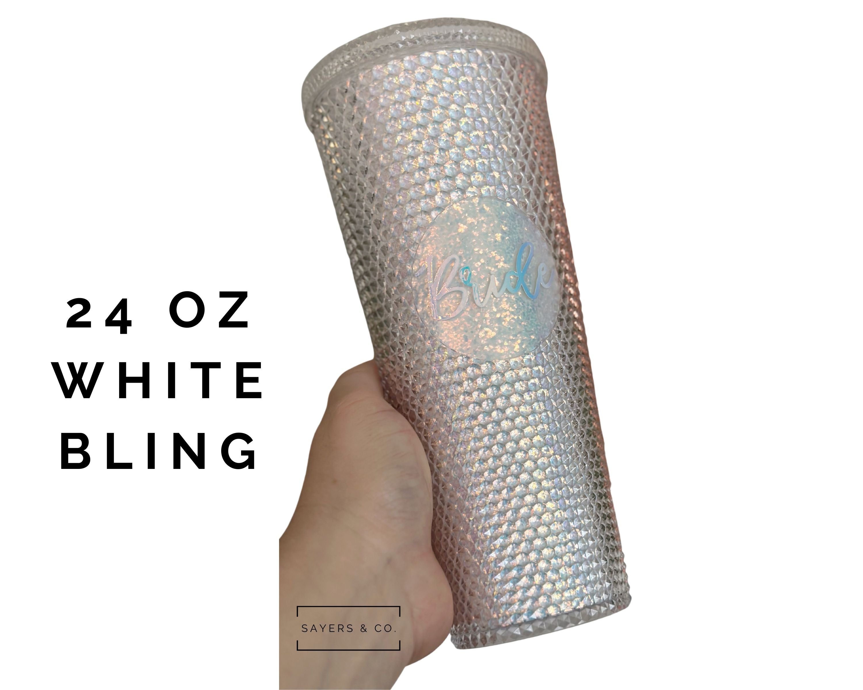 Custom studded 24oz double walled tumbler featuring a beach-themed design with seashells and waves, perfect for summer drinks.